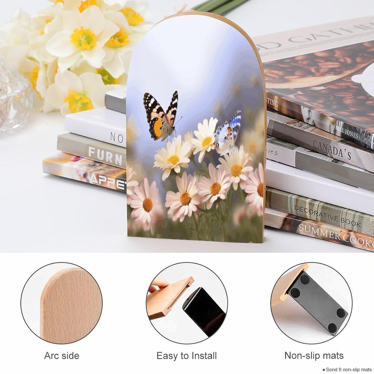 Butterfly Daisy Bookends 1 Pair Heavy Duty Book Ends for Shelves Non-Skid Bookend Supports Wooden Book Holders with Metal Base Desk Organizers Books Storage to Hold Books