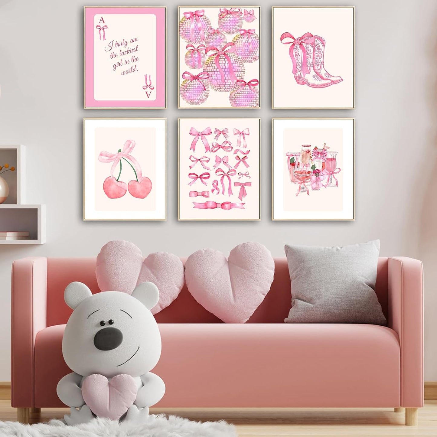 Pink Coquette Wall Art Prints Set of 6 – Trendy Preppy Room Decor for Girls Bedroom & Dorm – Pink Bow, Disco Ball, Cherry & 8 Ball Posters – 8x10 Unframed Aesthetic Wall Decor
