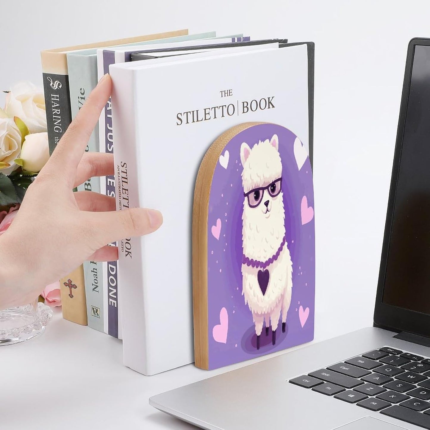 Non-Slip Bookend for Shelves Love Alpaca Purple Wooden Bookends with Metal Base Decorative Book Stopper for Home Heavy Duty Wood Book Storage for Books/CDs