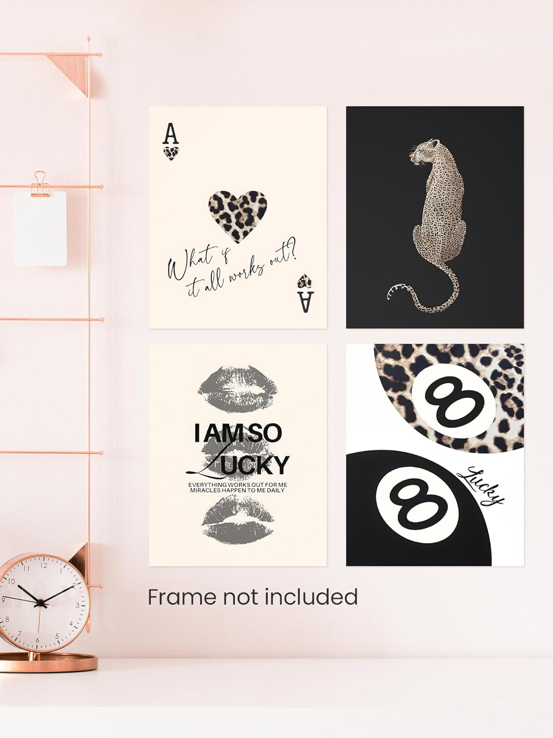 Trendy Leopard Print Lucky Girl 8 Ball Lips Cheetah Ace of Hearts Playing Card Wall Art Prints Set of 4, Funky Y2K Aesthetic Leopard Poster Wall Decor for Girls Room Dorm Apartment, 8x10 Unframed