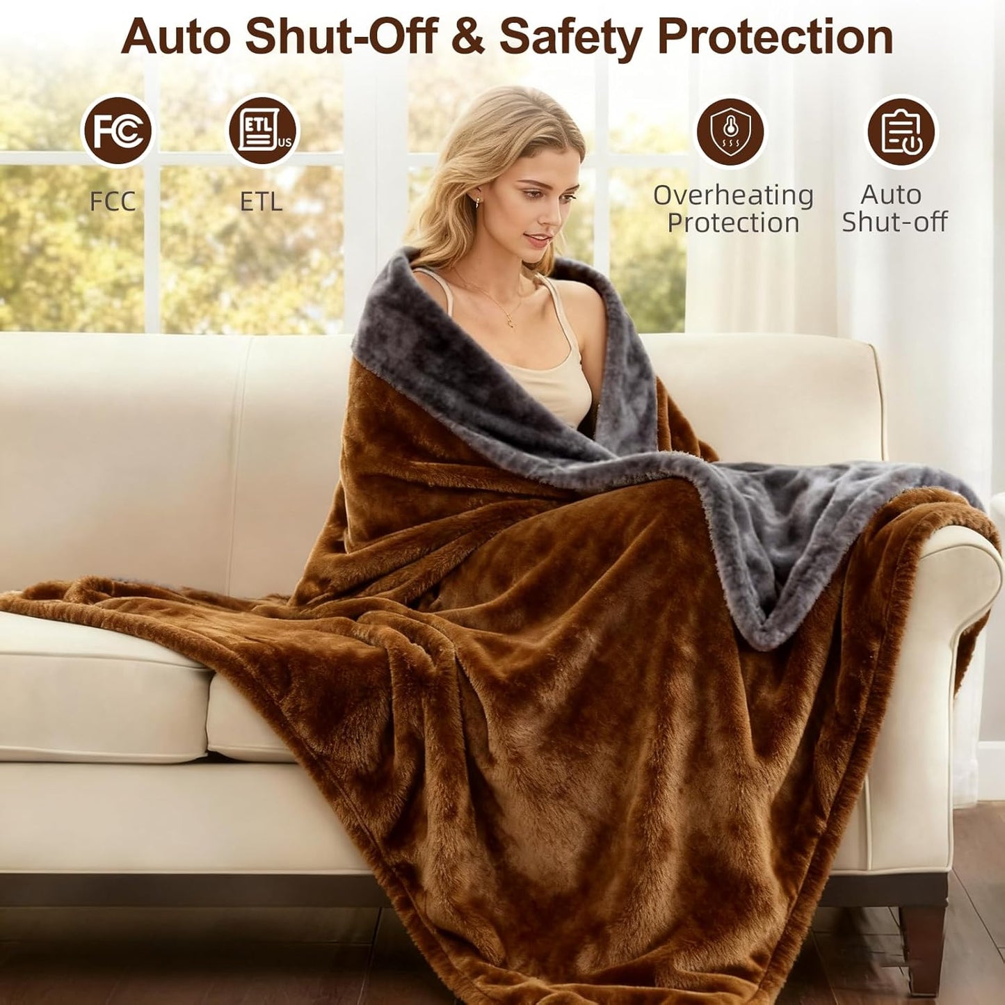 Electric Heated Blanket Throw 50''x60'' – Soft Dual-Sided Flannel, 12 Heat Settings, Smart Timer, ETL & FCC Certified, Machine Washable (Brown & Gray, Single(50"x60"))