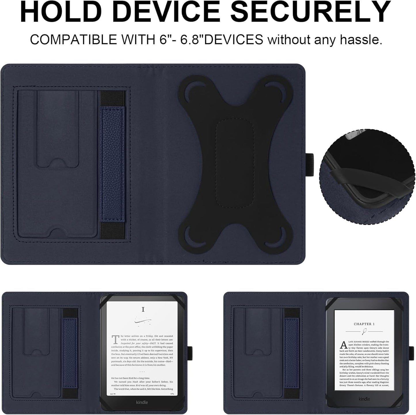 Universal Case for 6",6.8" eReaders,Folio Cover with Handstrap and 2 Foldable Stand Compatible with Kindle Paperwhite/Kobo/Tolino/Pocketook/Sony 6-6.8inch ebook Reader,Navy Blue