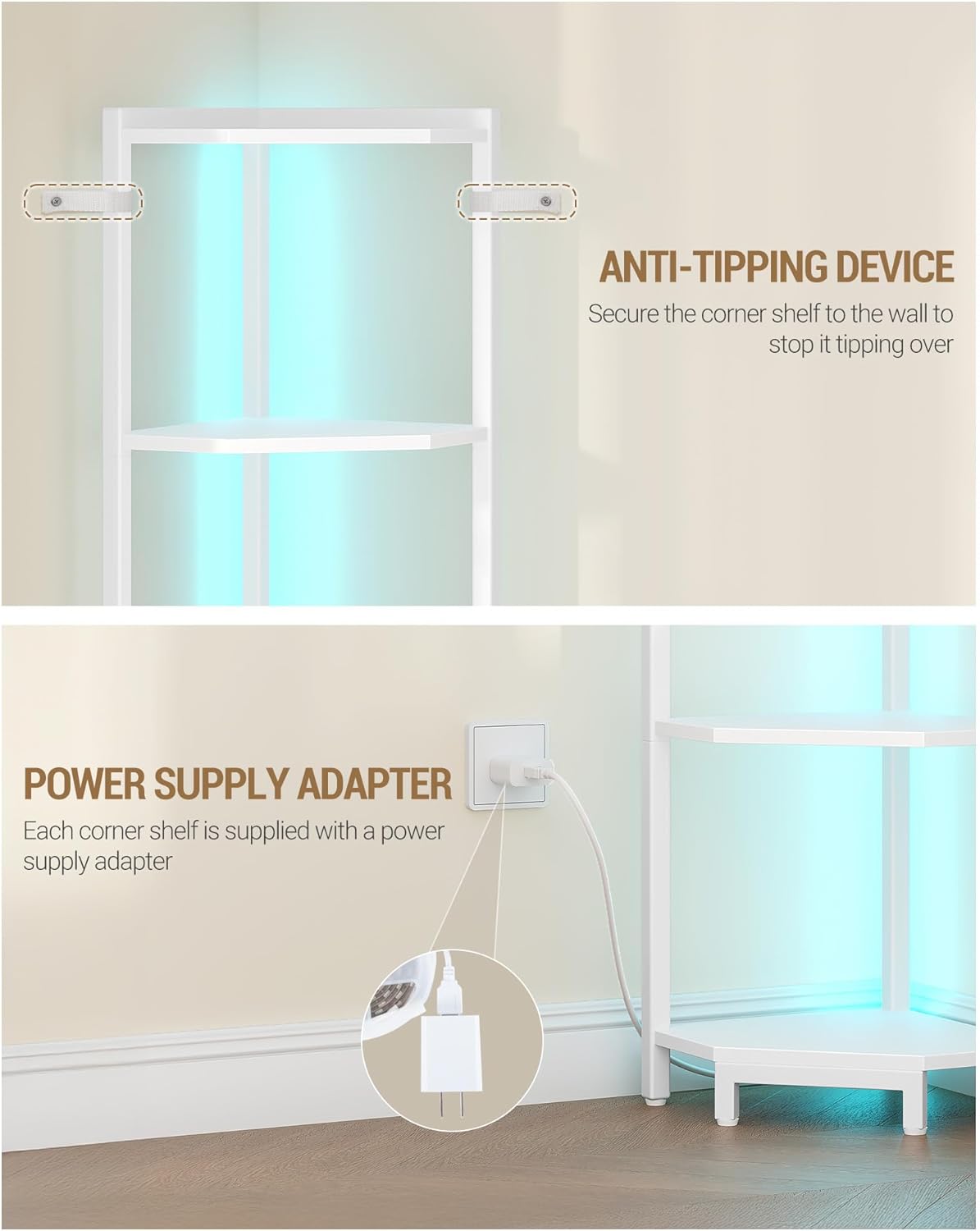 Corner Shelf with LED Light, 6-Tier Corner Bookshelf, Tall Narrow Display Bookcase with Metal Frame, Standing Shelf for Small Space, Living Room, Home Office, Bedroom, White CS66613W
