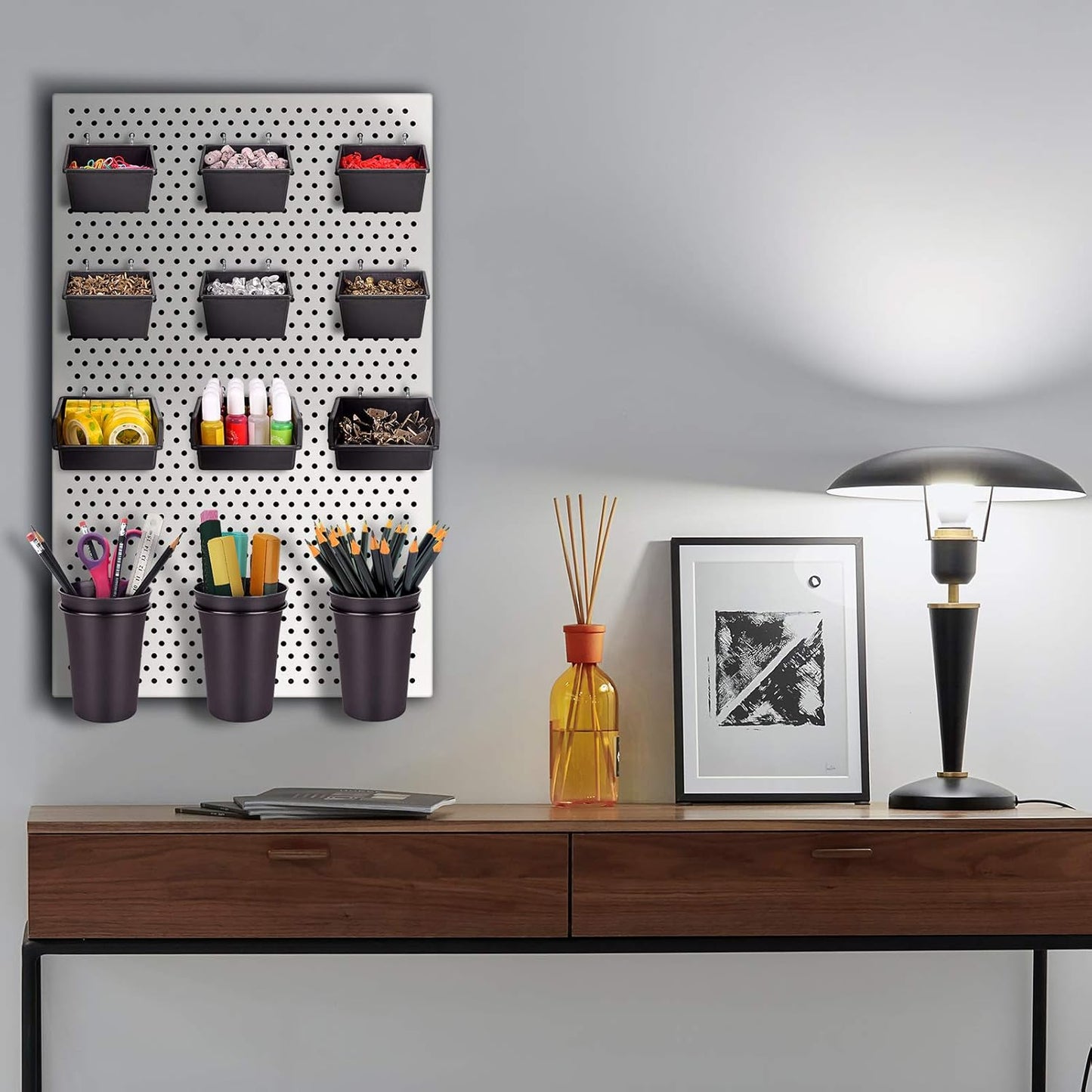 G.CORE 12 Pack Pegboard Bins PegBoard Cups with Hooks & Loops, Peg Board Hooks Assortment Organizer Accessory, Various Tools Storage Arrange System Kit for Garage Craft Workshop Workbench Hobby Office