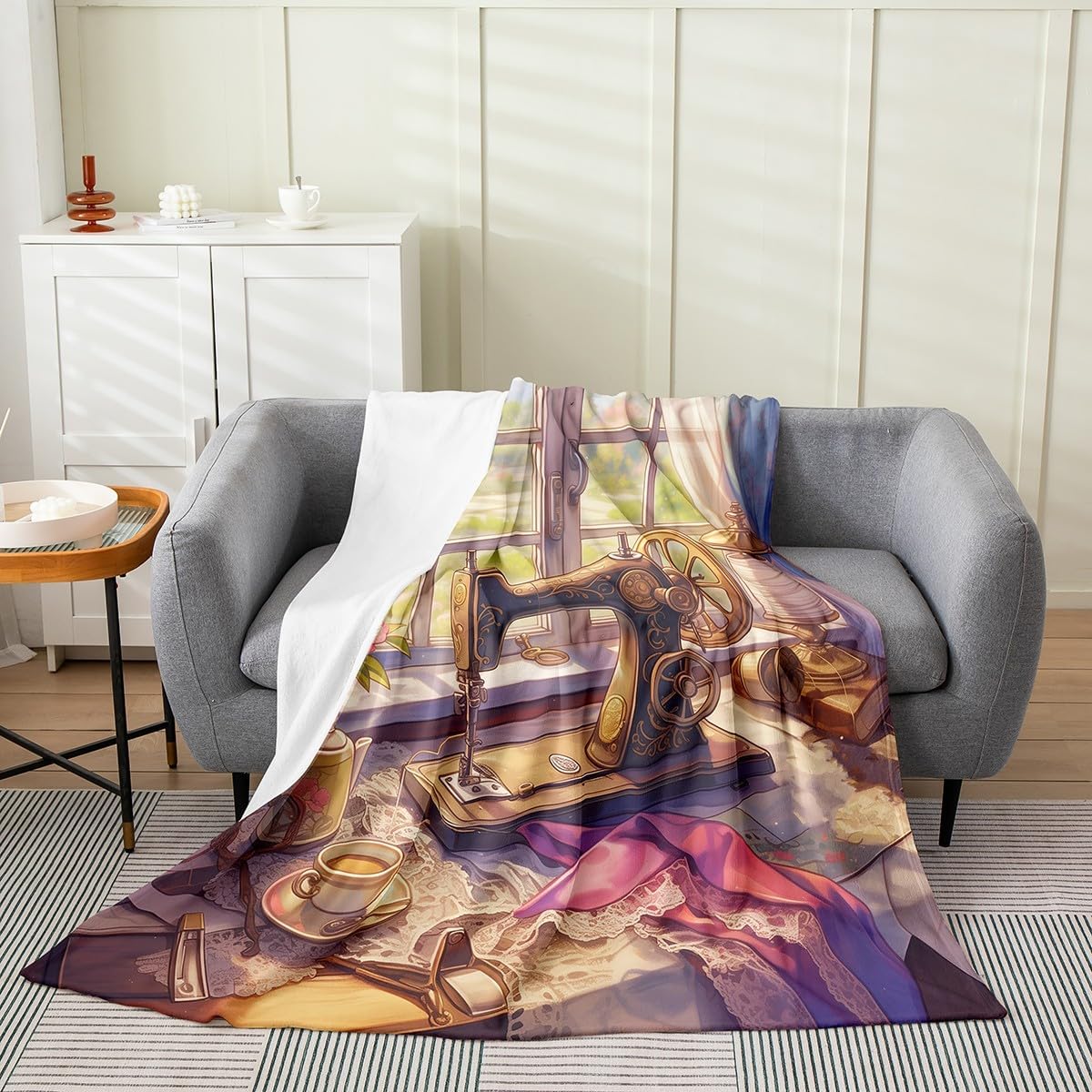 Sewing Kids Flannel Blanket,Cartoon Sewing Machine Peony Flowers Dreamy Bed Blanket for Girls Women,Hand Sewing Lovers Fleece Blanket,Brown Fuzzy Blanket,Throw Size (50 x 60 Inches)