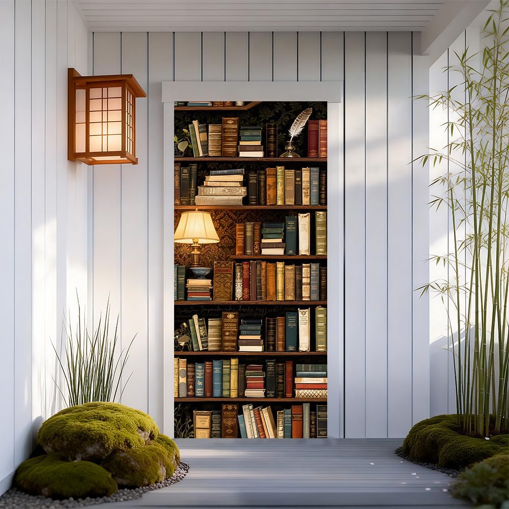 Vintage Library Bookshelf Mural Door Sticker 30.3 x 78.74 Inch Classic Bookcase Interior Decor Reading Room Peel and Stick Door Cover Study Door Decals Peel and Stick Literary Style Home