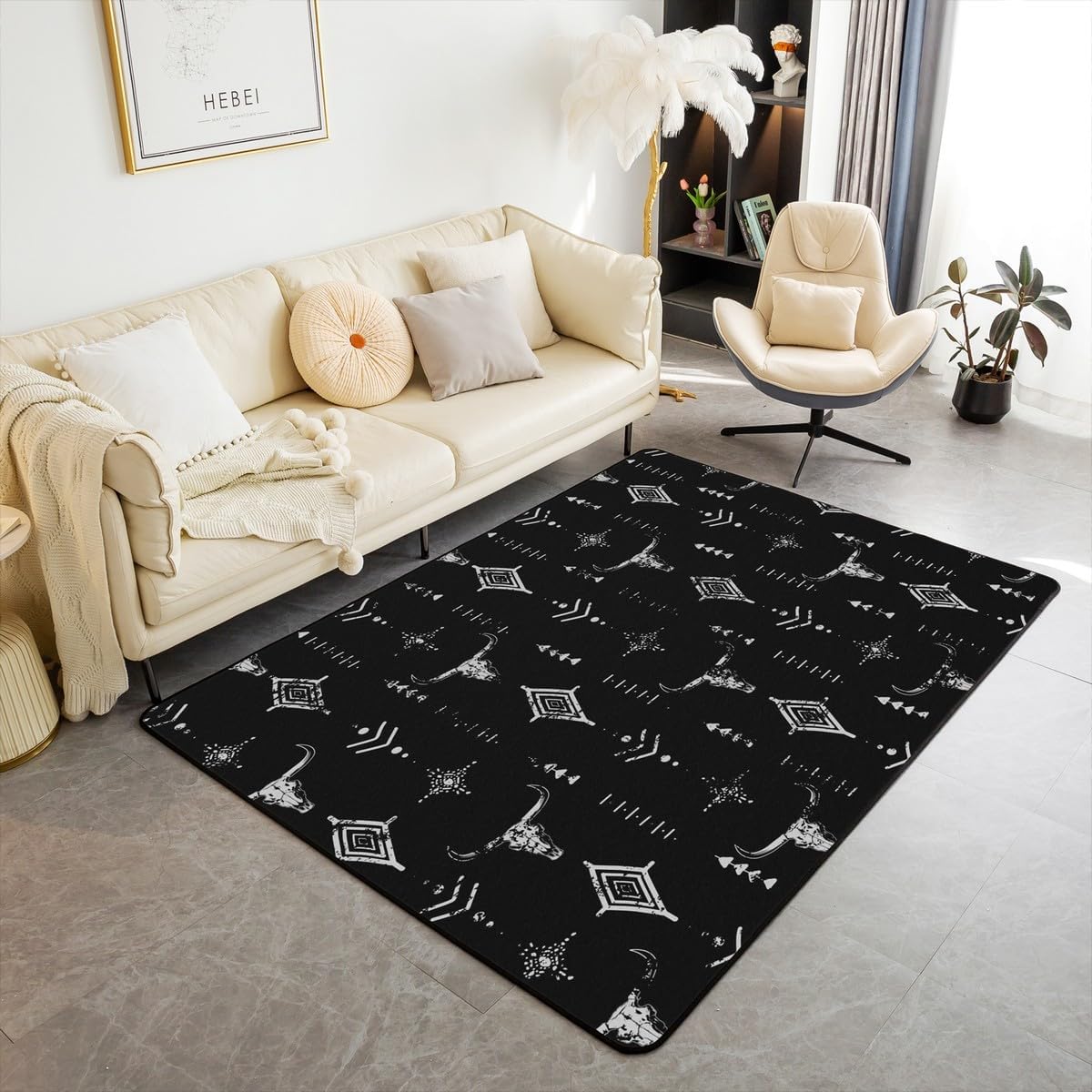 Erosebridal Bull Skull Area Rug 6'6" x 4'11" Western Living Room Rugs Bohemian Ethnic Cow Head Decorative Carpet for Men Tribal Horns Black Silver Geometric Aesthetic Art Lightweight Indoor Floor Mat