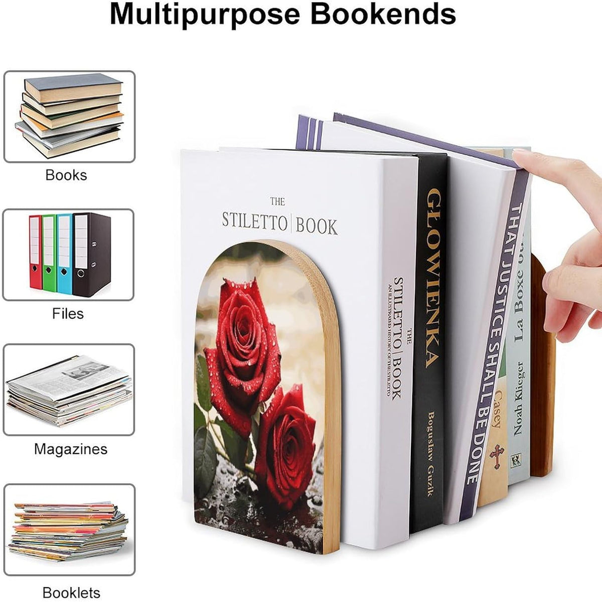 Red Rose Flowers Wooden Bookend Non-Slip Book Ends Heavy Duty Book Stopper with Metal Base Books Holderd Decorative Bookends Stands Firmly for Office Supplies