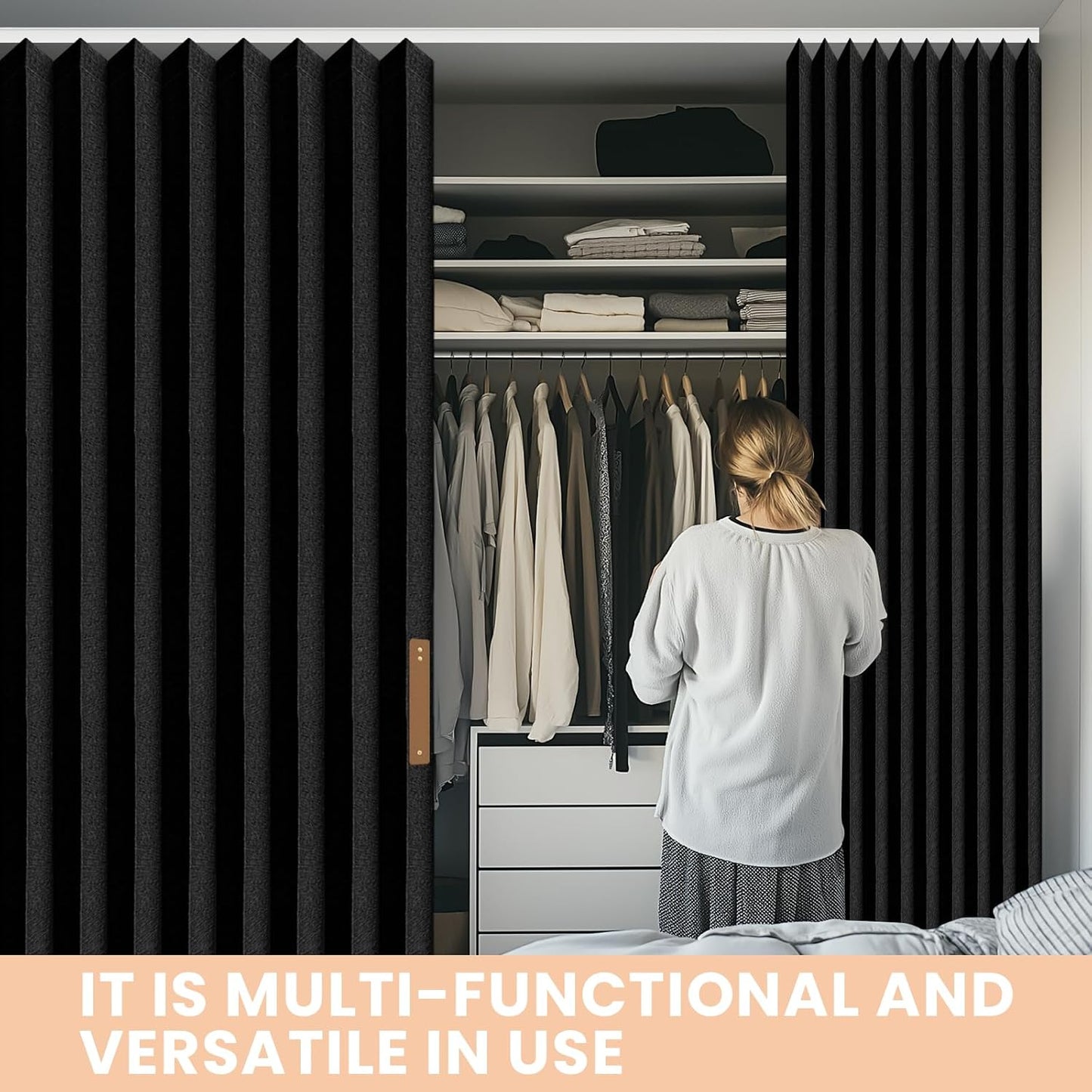 Accordion-Style Room Divider with Ceiling Track - Foldable Partition Curtain, Easy Installation(Black 100" W x 84" L-Pack of 1)