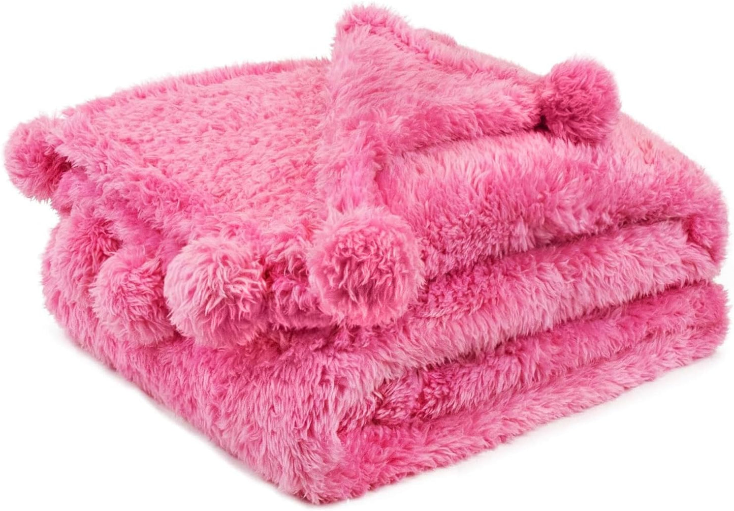 PAVILIA Pink Sherpa Throw Blanket for Couch, Warm Plush Pom Pom Blanket Throw Twin, Fuzzy Sofa Blanket Throw for Bed, Lightweight Soft Cozy Fluffy Blanket with Pom Poms, Hot Pink, 60x80