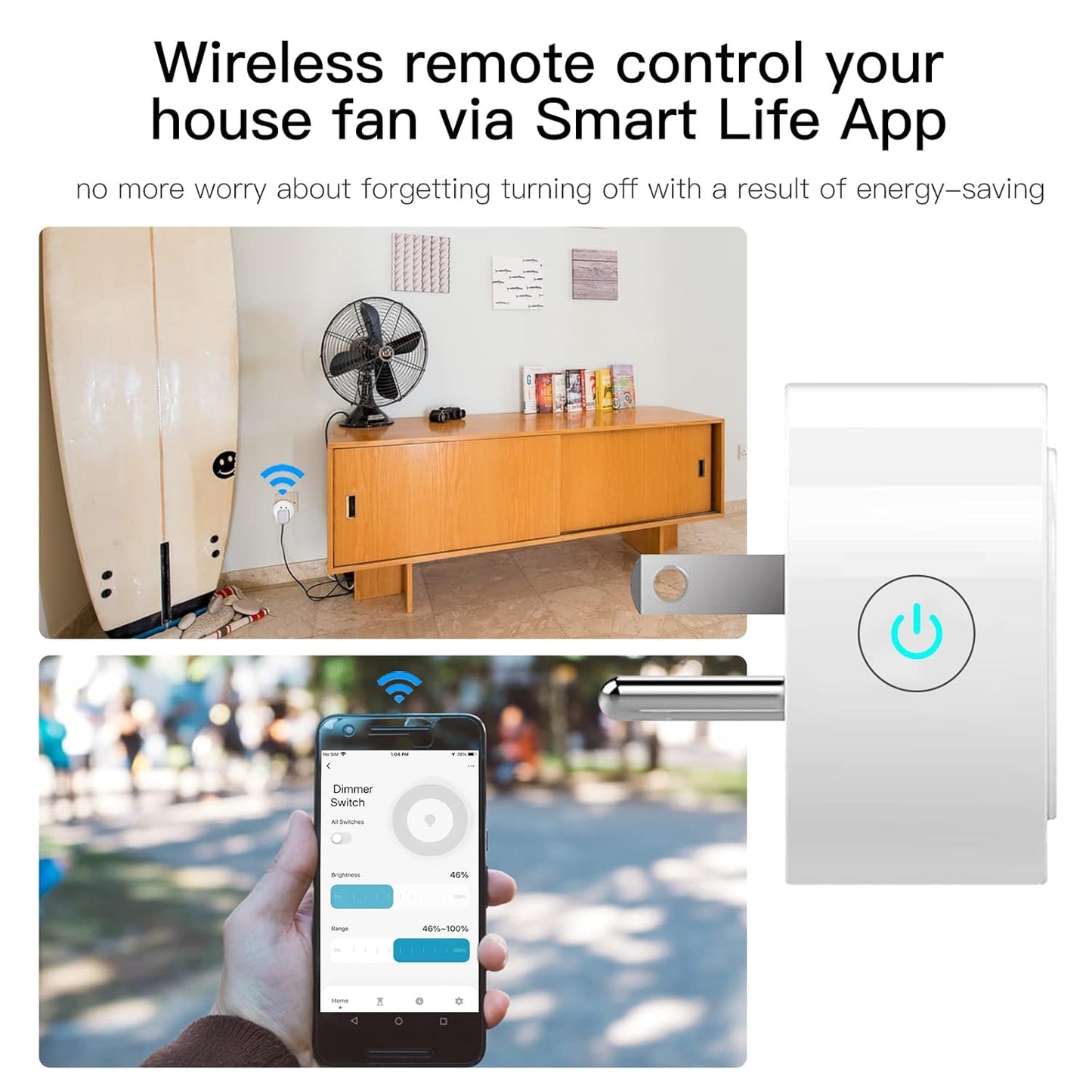 MoesGo Smart WiFi Power Dimmer Plug, 2.4 GHz WiFi Brightness Adjust Timer Socket for Dimmable CFL, LED and INC, Tuya Smart Life App Remote Control, Compatible with Alexa and Google Home, White