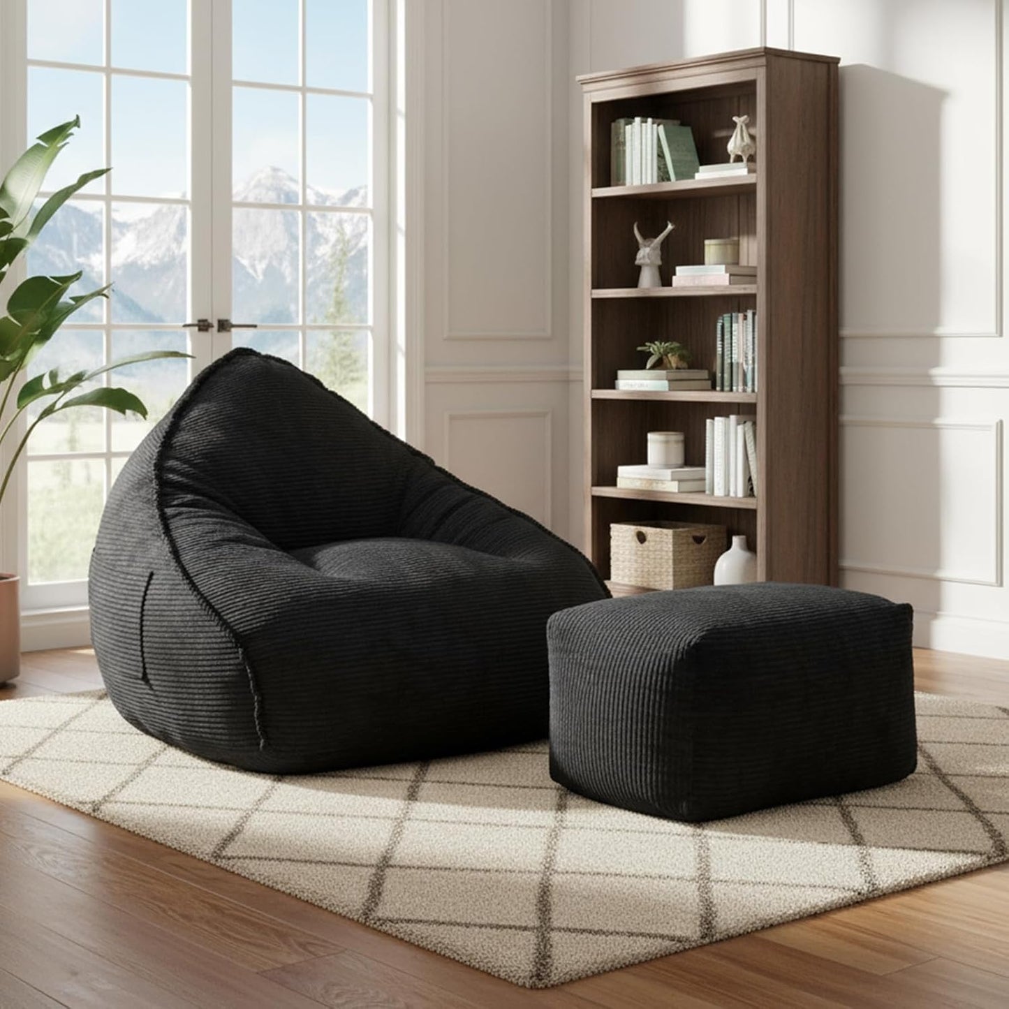 Bean Bag Chair with Ottoman for Adults, Large Corduroy Bean Bag Couch, Boneless Chaise Lounge Reading Chair with High-Resilience Foam, Floor Lounger for Bedroom Living Room (Black)