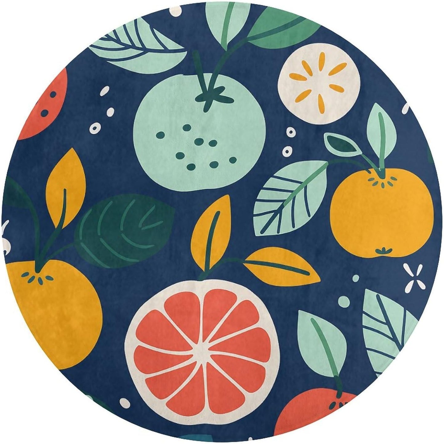 Hand Drawn Fruits Circle Rug Retro Luxury Coral Velvet Floor Mat Non Slip Soft Indoor Floor Carpet Comfy Thickened Area Rugs Modern Aesthetic Minimalist Carpets for Home Decor