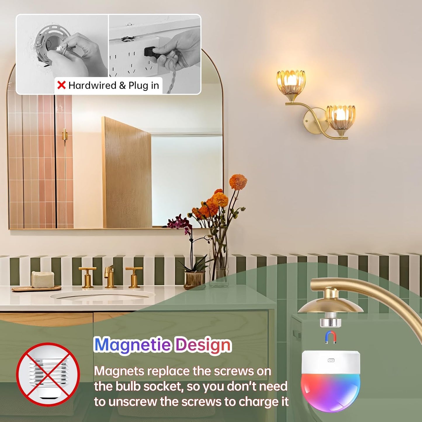 Battery Operated Wall Sconce, 2-Lights Vinatge Brass Wall Lighting with Amber Tluip Shade Rechargeable Bulb with Remote for Living Room, Bedroom
