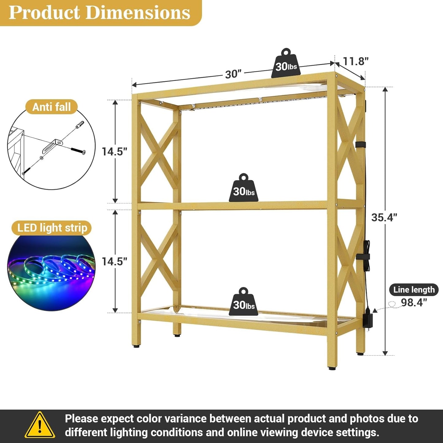 Homieasy 3 Tier Gold Bookshelf with LED Lights, Tempered Glass Display Shelf with Metal Frame, Modern Bookcase with X-Side Guards, Luxury Storage for Living Room, Bedroom & Office