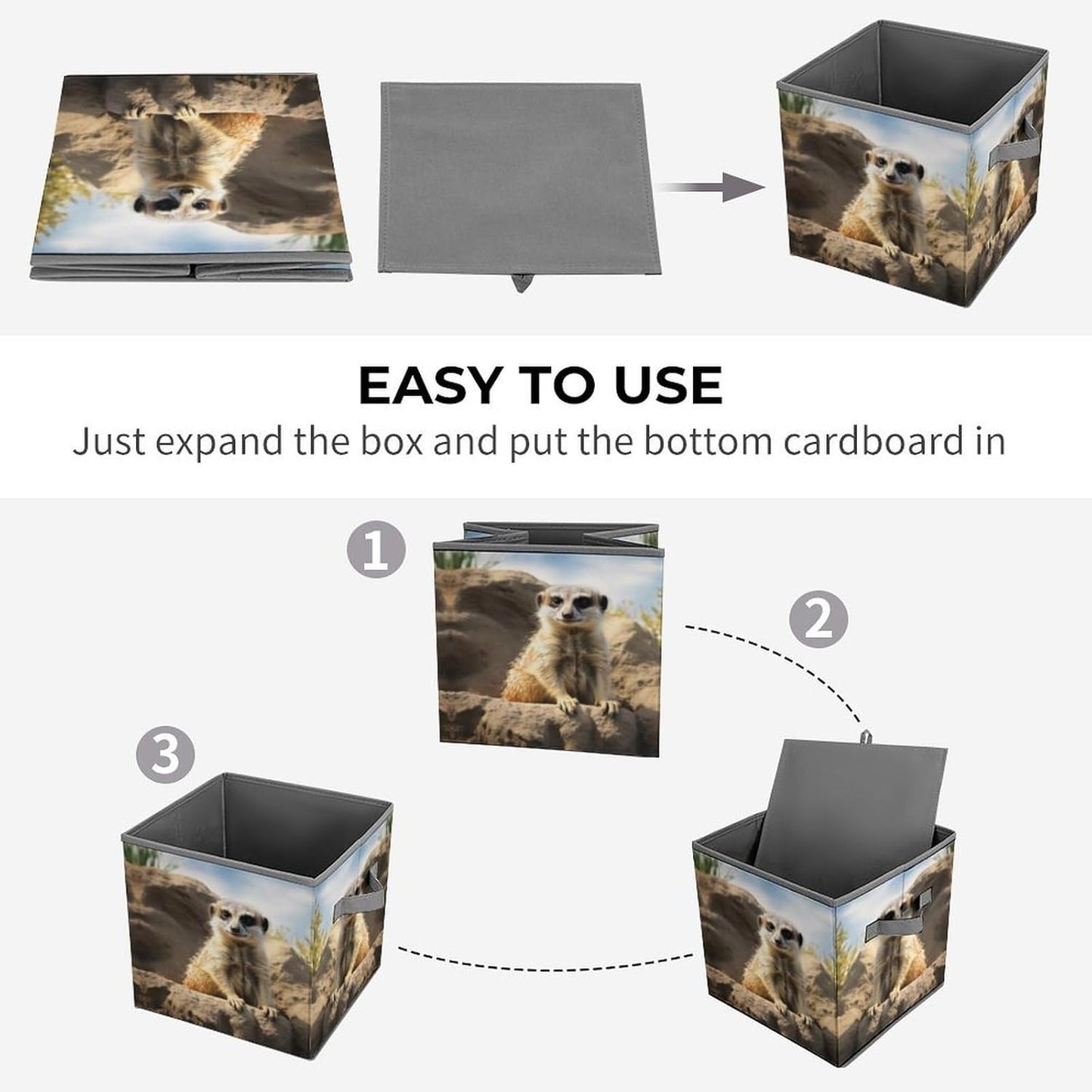 Meerkat Animal Storage Bins with Handles Fashion Large Storage Cubes Sturdy Foldable Storage Boxes Space-Saving Storage Baskets for Home Office Clothes Closet Organizers