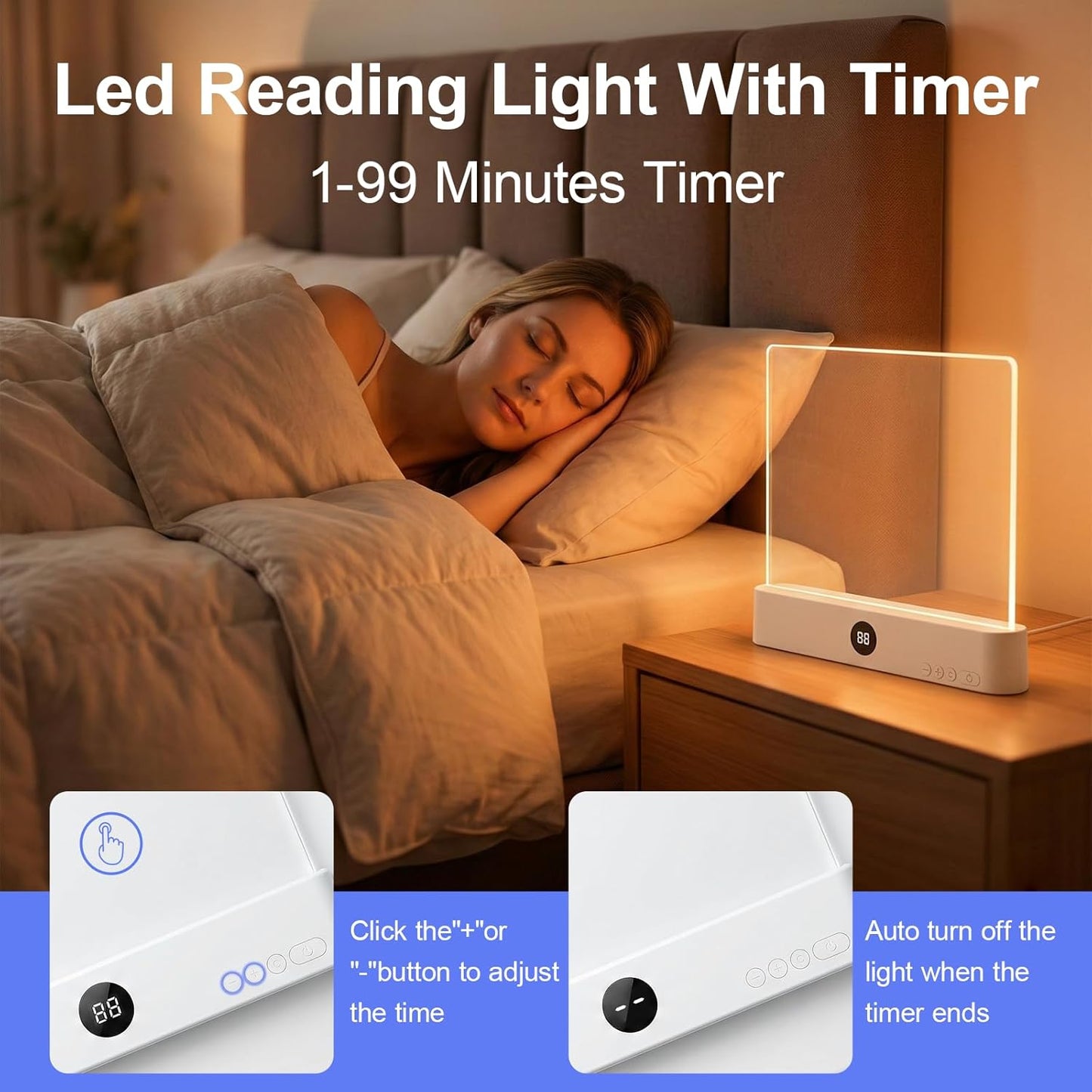 QCQHDU Smart Led Reading Light, Book Lights for Reading at Night, Rechargeable Clear Flat Reading Lights with 3 Colors & Timer, Eye-Friendly Glow, Transparent Doodleable (White)