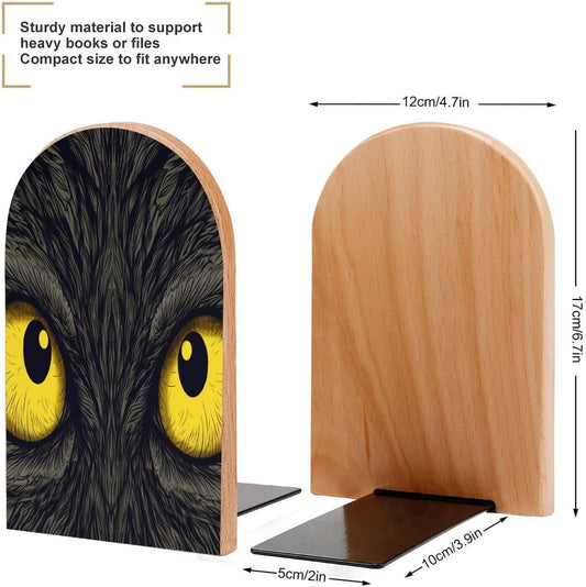 Two Yellow Eyes Wooden Bookend Non-Slip Book Ends Heavy Duty Book Stopper with Metal Base Books Holderd Decorative Bookends Stands Firmly for Office Supplies