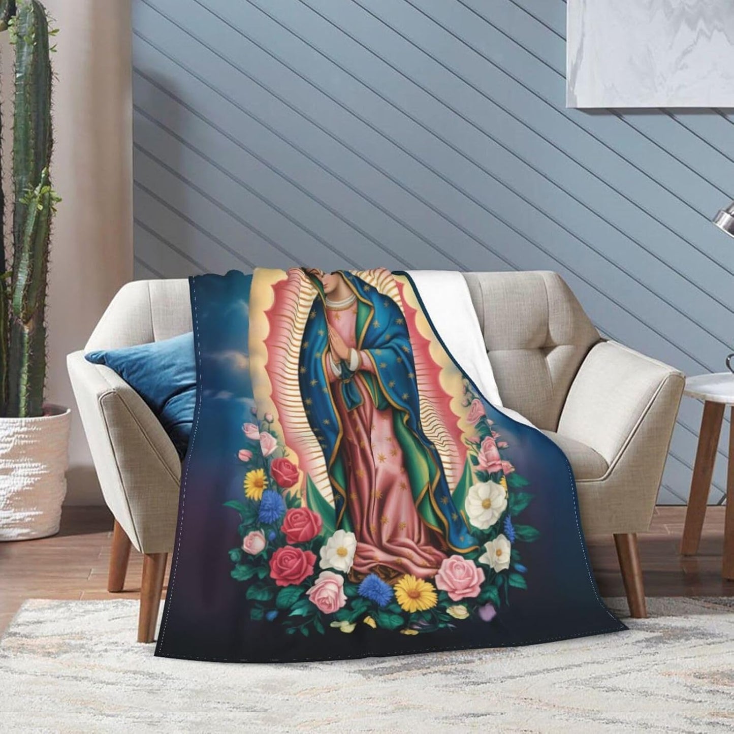 Our Lady of Guadalupe Throw Blanket, Religious Art Floral Design, Soft Cozy for Couch Bed - 60"x50"