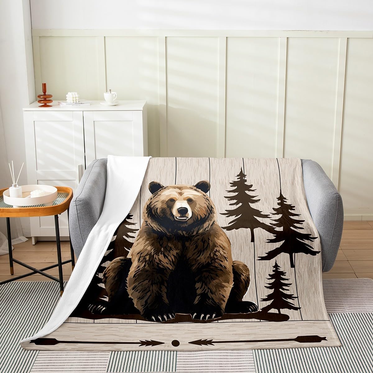 Feelyou Bear Flannel Fleece Blanket Retro Western Rustic Plush Throw Blanket, Animal All Season,Bed Blanket for Sofa Couch Kids Microfiber Arrow Wooden Paw Room Decor 40"x50"