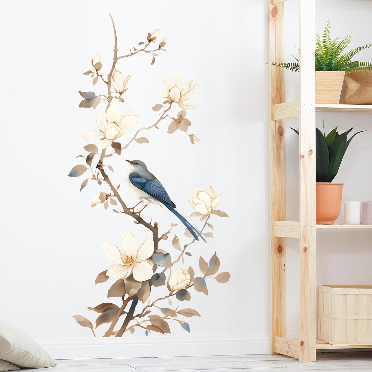 Chinese Flowering Tree Branches Bird Wall Stickers for Living Room Plants Wall Decal Peel and Stick Wall Art Home Decor Decoration for Bedroom Bathroom Classroom Library