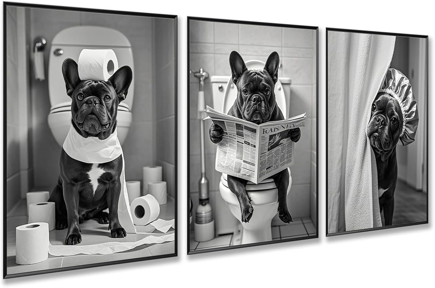 3Pcs Black and White Bathroom Wall Art French Bulldog Reading Newspaper Dog on Toilet Canvas Wall Decor Bathroom Pictures Prints Posters Artwork Toilet Restroom Wall Decorations 12x16 Inch Unframed