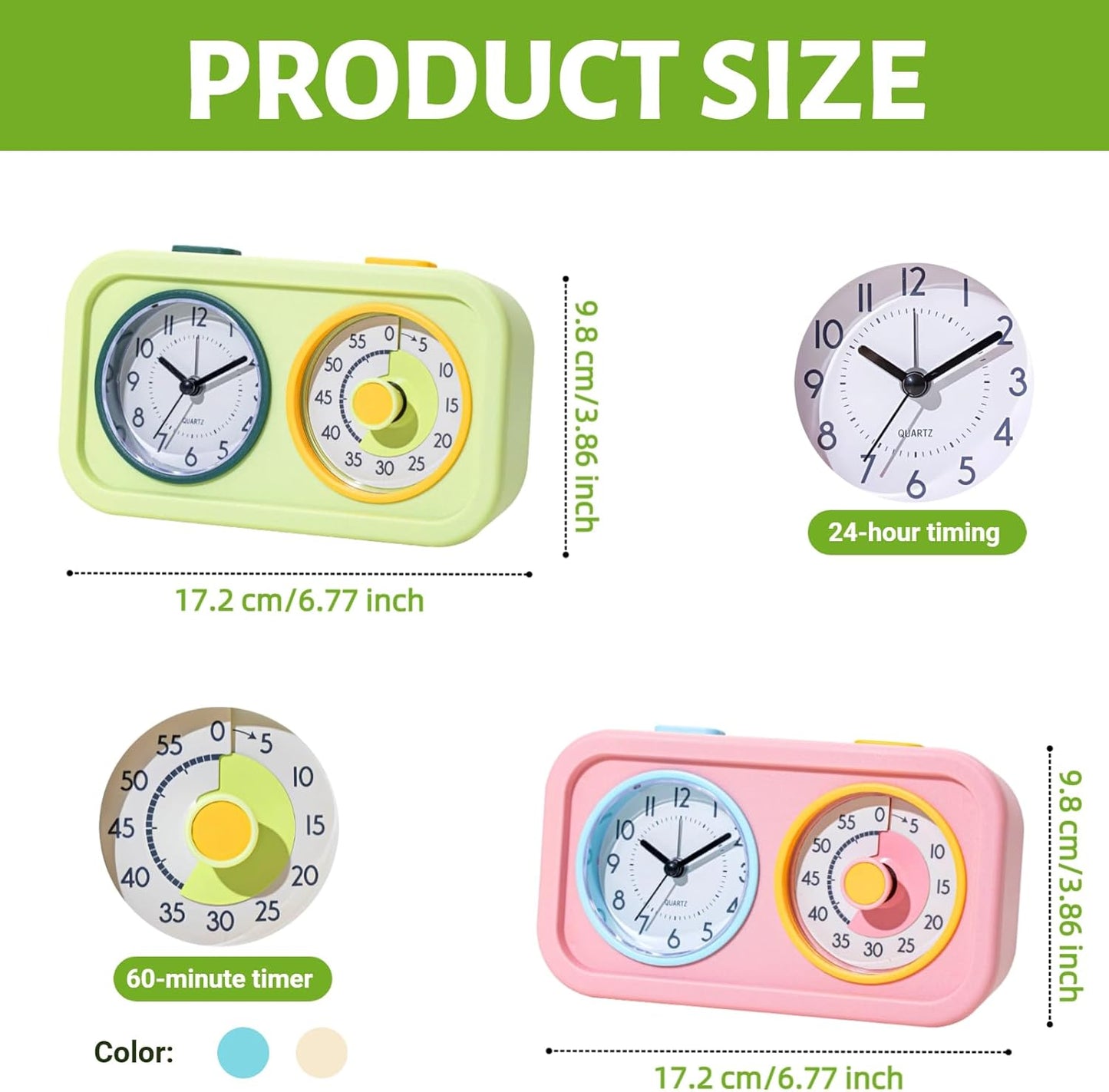 Visual Timer for Kids with Clock, 60 Minute Countdown Timer for Classroom, Home, Kitchen, Work, Dual-Screen Pomodoro Timer with Alarm Clock, Silent Time Management Tool with Night Light (Green)