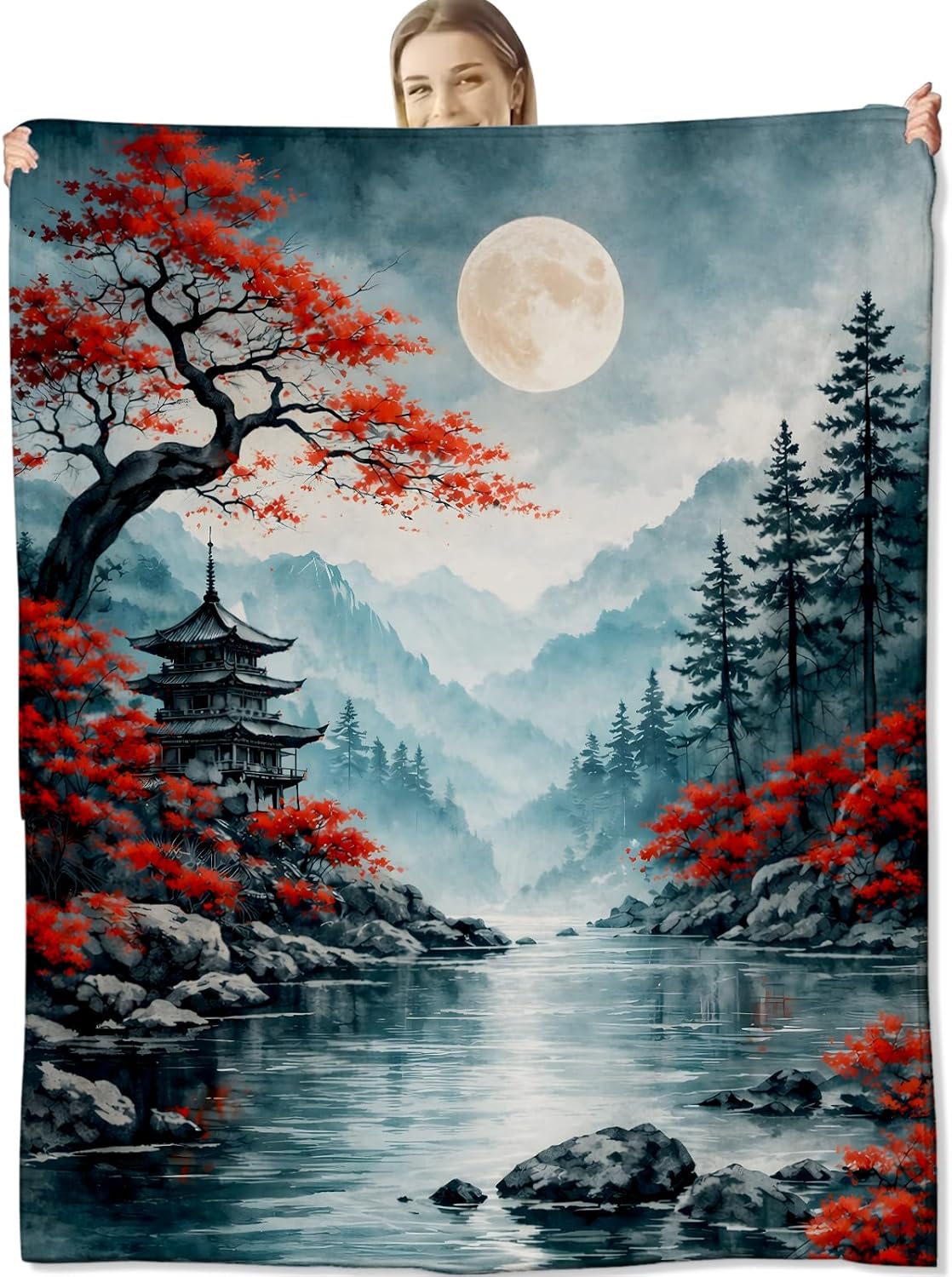 Asian Landscape Blanket for Nature Lovers, Oriental Pagoda Moon Flannel Blankets, Serene Mountain Scene Gifts, Soft Warm Cozy Throws for Sofa Couch Bed Living Room Bedroom Home Decor 60" x 50"