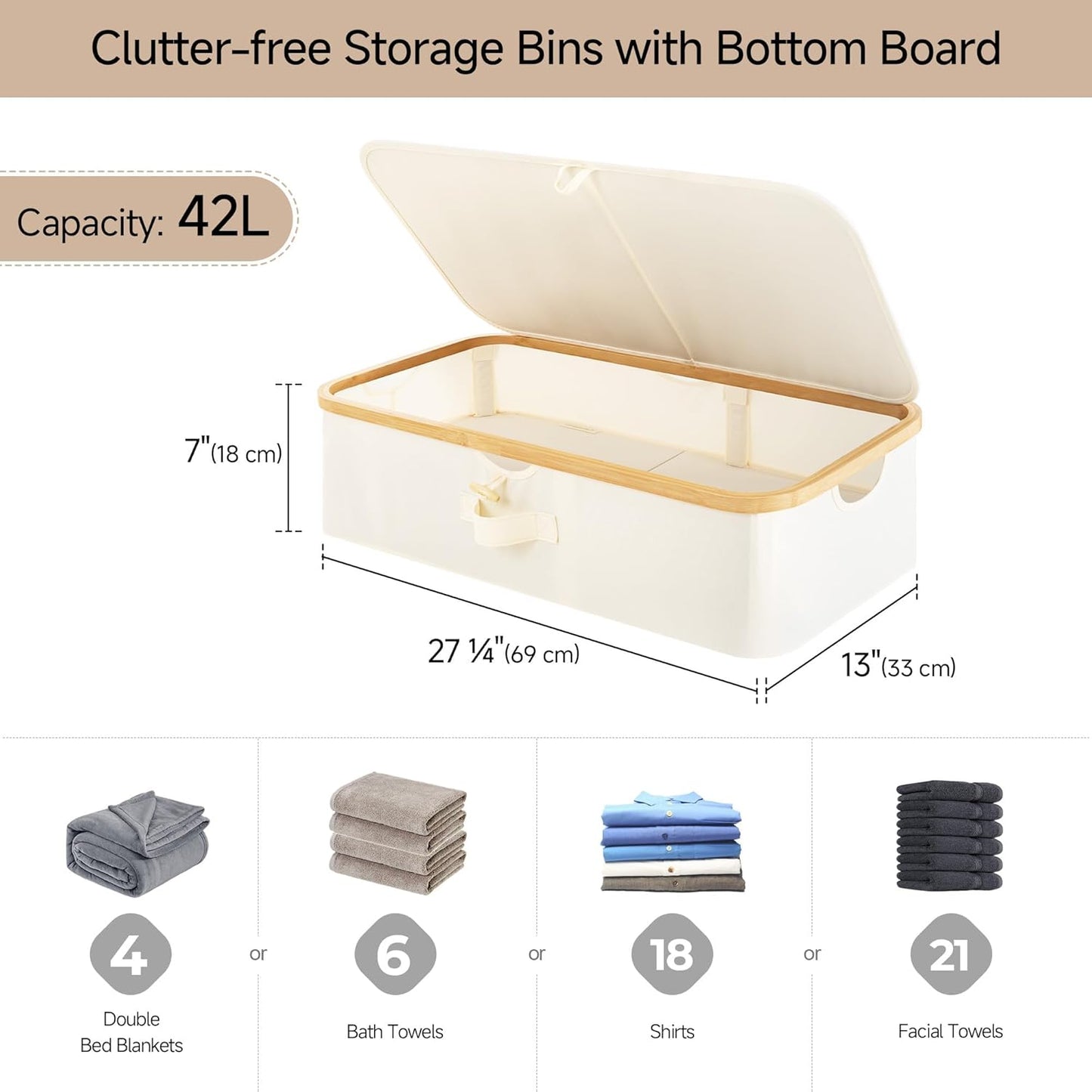 StorageWorks Underbed Storage Containers with Lids, 2-Pack 7" Low Profile Under Bed Storage Box with Bamboo Frame for Clothes, Bedding, Blankets and Shoes, 42L Sturdy Fabric Organizer, Beige