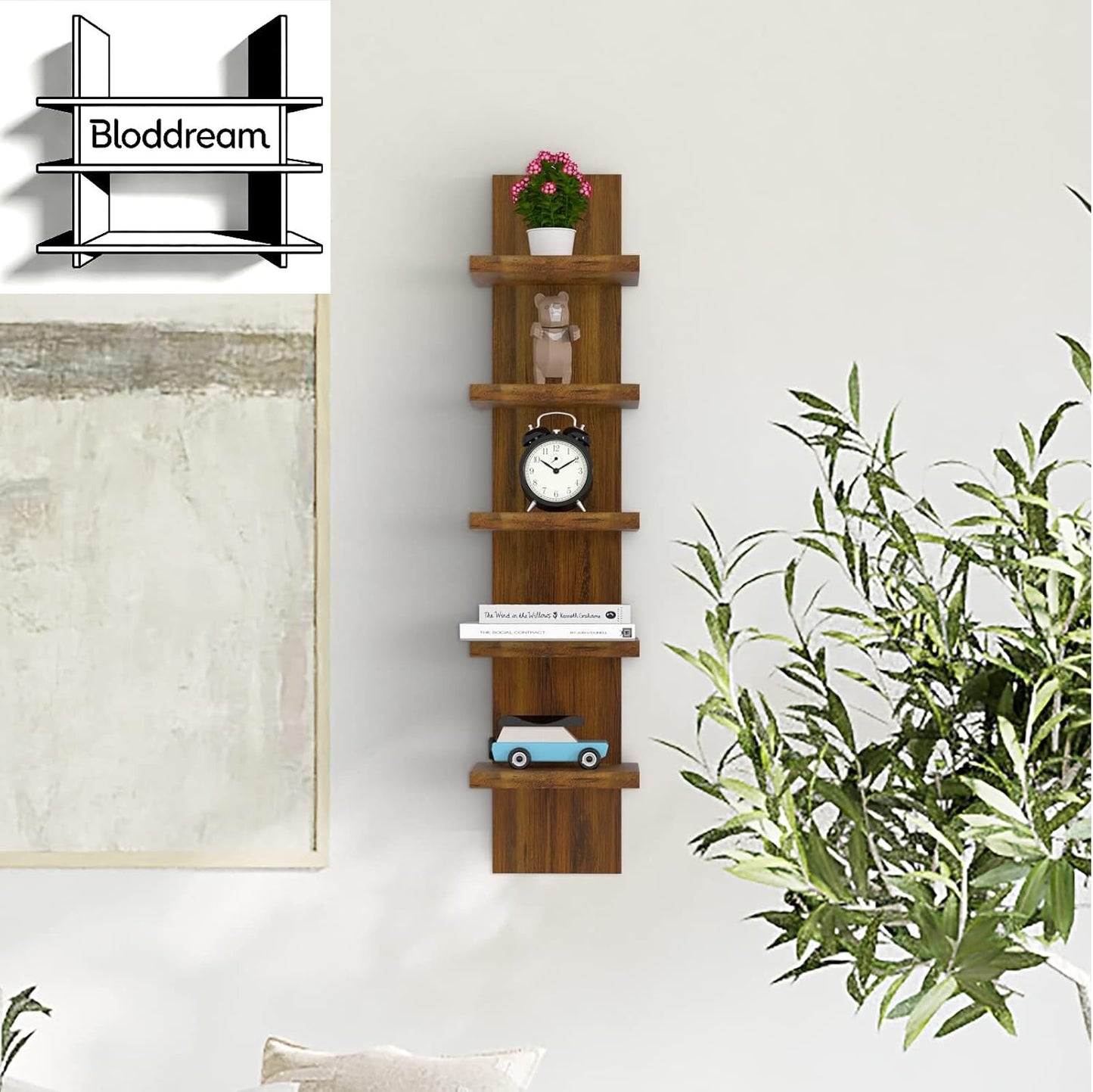 5 Tier Wall Shelves Brown, Vertical Column Shelf Floating Storage Home Decor Organizer Tall Tower Design Utility Shelving Bedroom Living Room