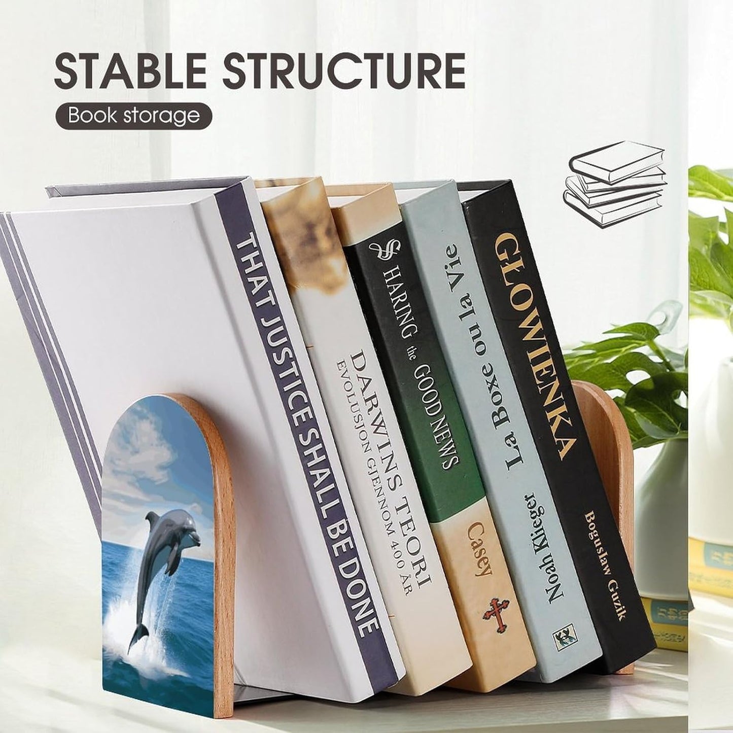 Jumping Up Dolphins Bookends 1 Pair Heavy Duty Book Ends for Shelves Non-Skid Bookend Supports Wooden Book Holders with Metal Base Desk Organizers Books Storage to Hold Books