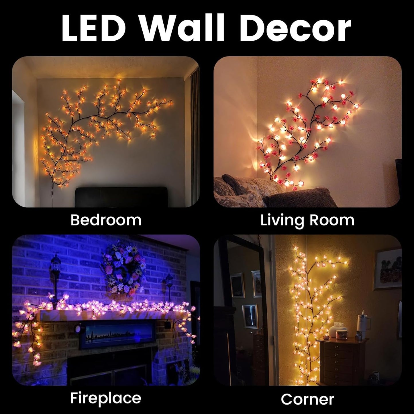LED Tree Branch Lights for Wall 5.25FT 72LEDs Cherry Blossom Lights with Remote and 8 Lighting Modes Cherry Blossom Garland Willow Vine Light for Bedroom Indoor Wall Wedding Christmas Decor