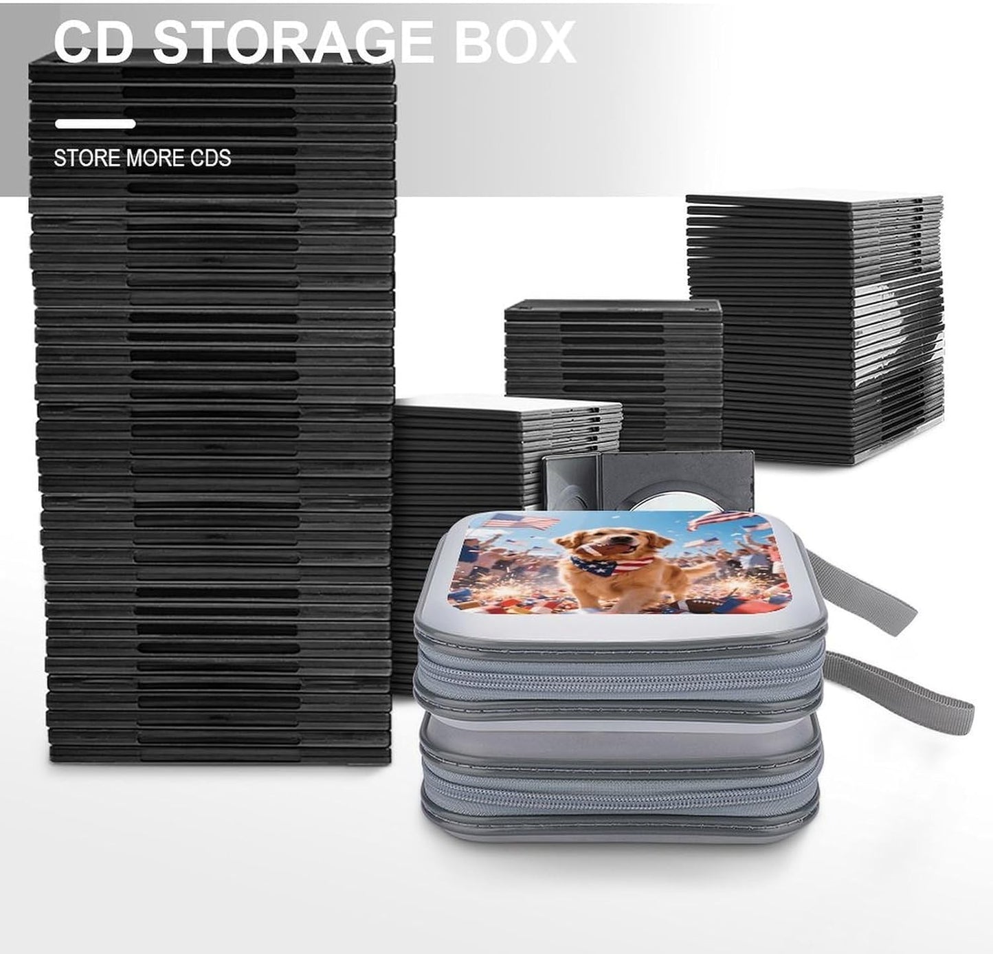Patriotic Dogs CD Case Portable Zipper CD Case 40 Capacity Hard Plastic DVD Cases Holder Large Storage Disc Wallet Bag for Car Home Travel DVD Collection Bag