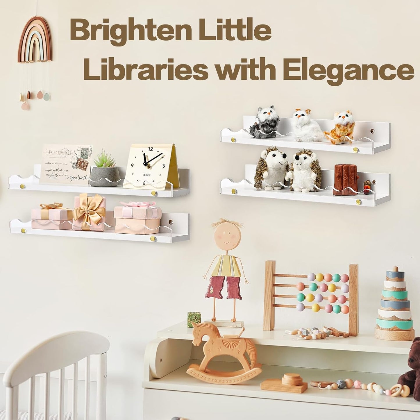 16.5 Inches Nursery Book Shelves for Wall, 4-Pack Clear Acrylic and Wooden White Floating Rack for Bedroom Kids, Scalloped Book Shelves, Toddler Room, Playroom & Nursery Decor (White)