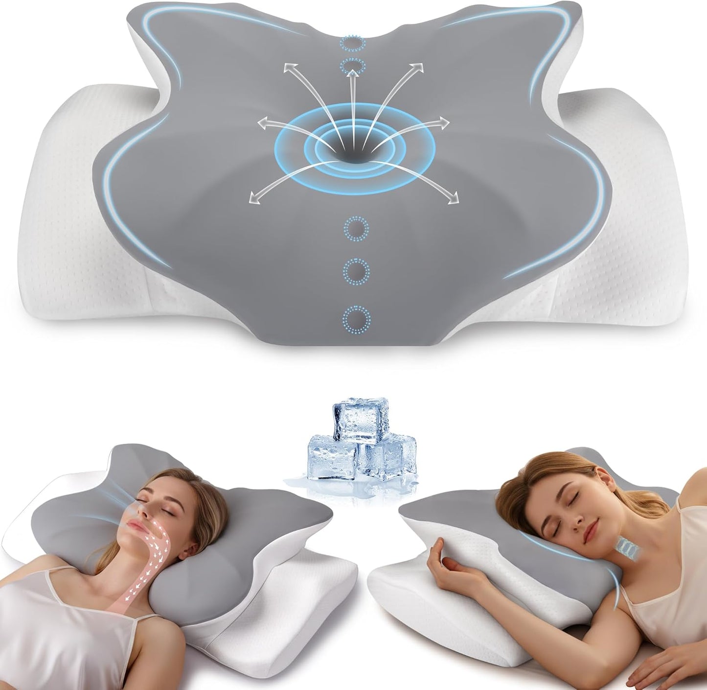 Cervical Pillow for Neck and Shoulder Support, Ergonomic Contour Pillow for Pain Relief, 2 Heights Cooling Memory Foam Orthopedic Pillow for Side Back Stomach Sleepers Grey White