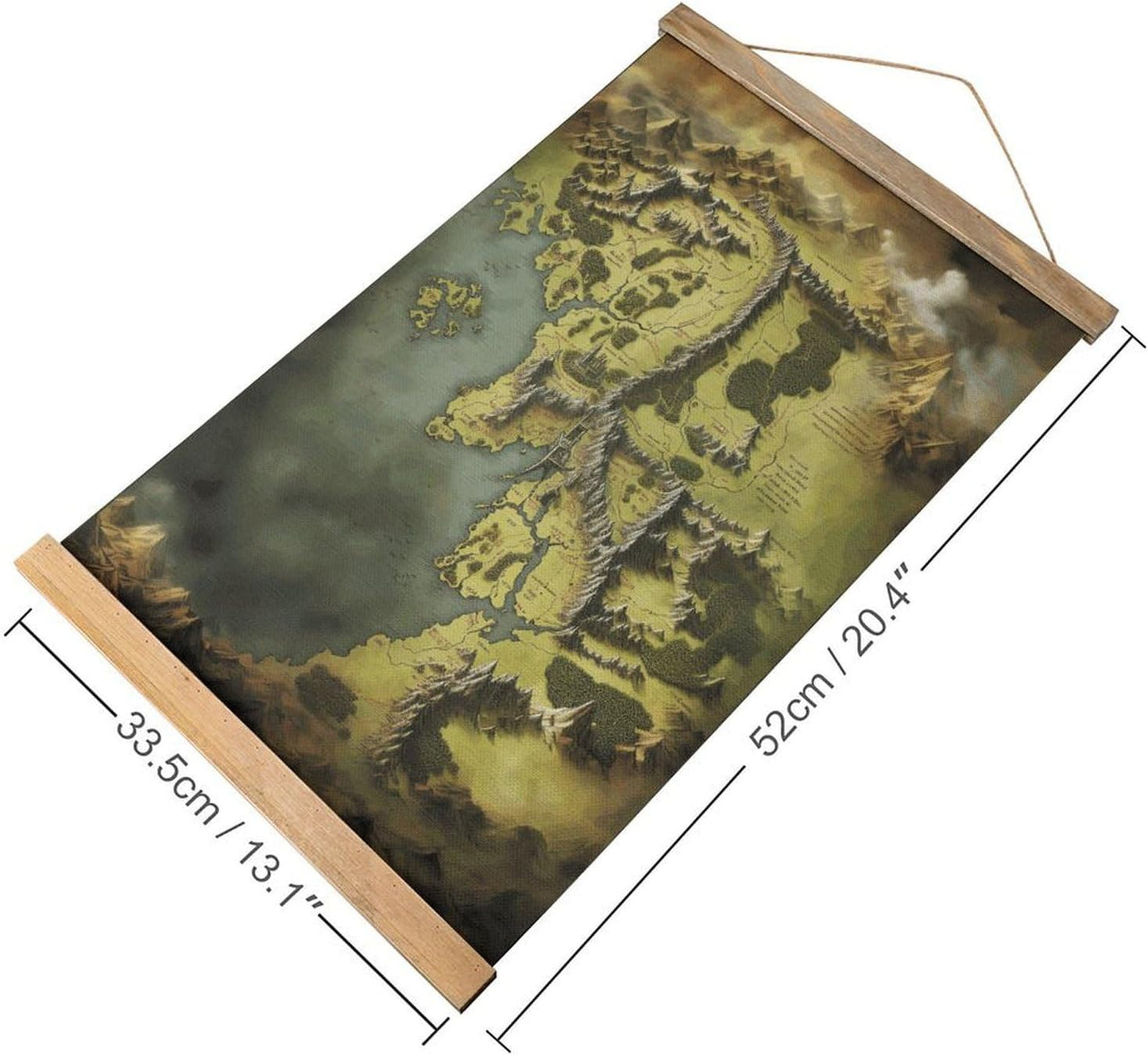 Vintage Middle Earth Map Poster with Wooden Frame Personalized Linen Hanging Scroll Painting Rustic Wall Hanging Illustrative Modern Artwork Decor for Home Living Room Bedroom Office