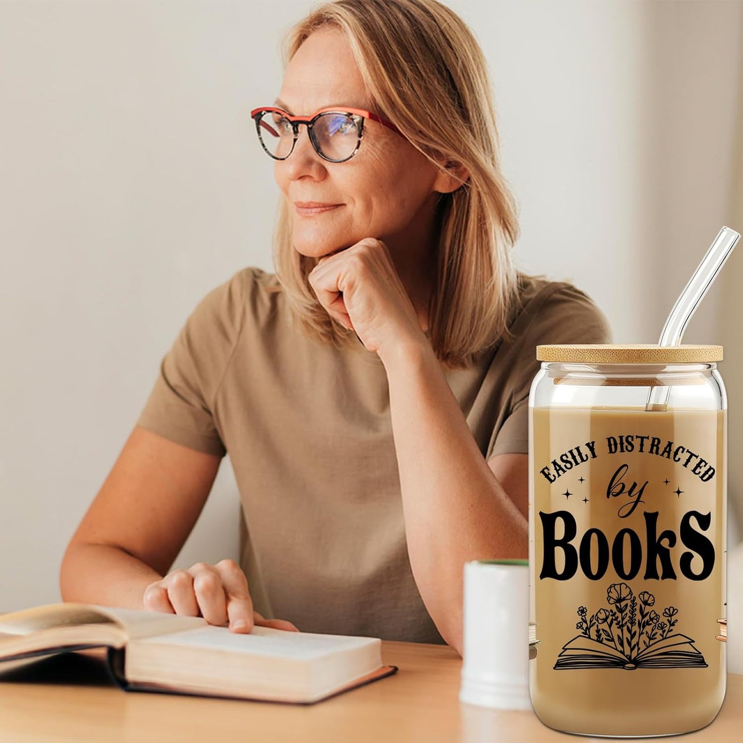 Book Lovers Coffee Glass Cups w/Lids Straws, Easily Distracted By Books Glass Cup, Bookish Gifts for Women, Birthday Gifts For Women Best Friend, Bookworm Club Gift, Student Reading Gift