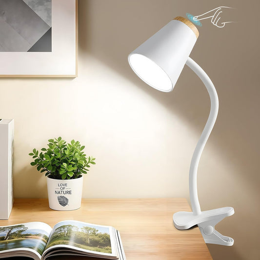 Clip on Desk Lamp for Home Office - Small LED Touch Dimmable Book Lights for Reading at Night - Adjustable Flexible Gooseneck Clamp Light Table Lamp for Bedside Bedroom Bed Headboard White
