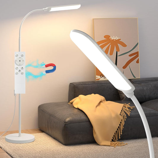 LED Floor Lamp, 18W Super Bright Floor Lamp for Living Room, Adjustable Stepless Colors & Brightness Standing Lamp, Eye Caring Reading Light with Remote (White)