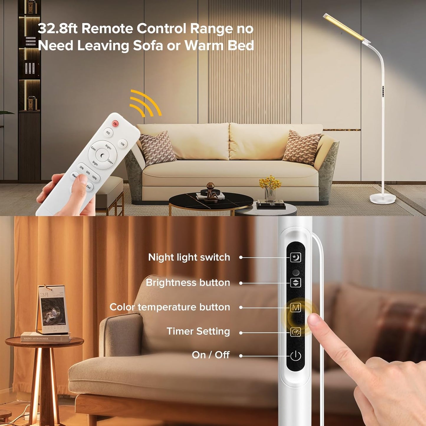 LED Floor Lamp, Floor Lamps for Living Room with Night Light & 5 Colors & 5 Brightness, Adjustable Gooseneck Floor Reading Lamp with Remote & Touch Control, Tall Standing Floor Lamp for Bedroom Office