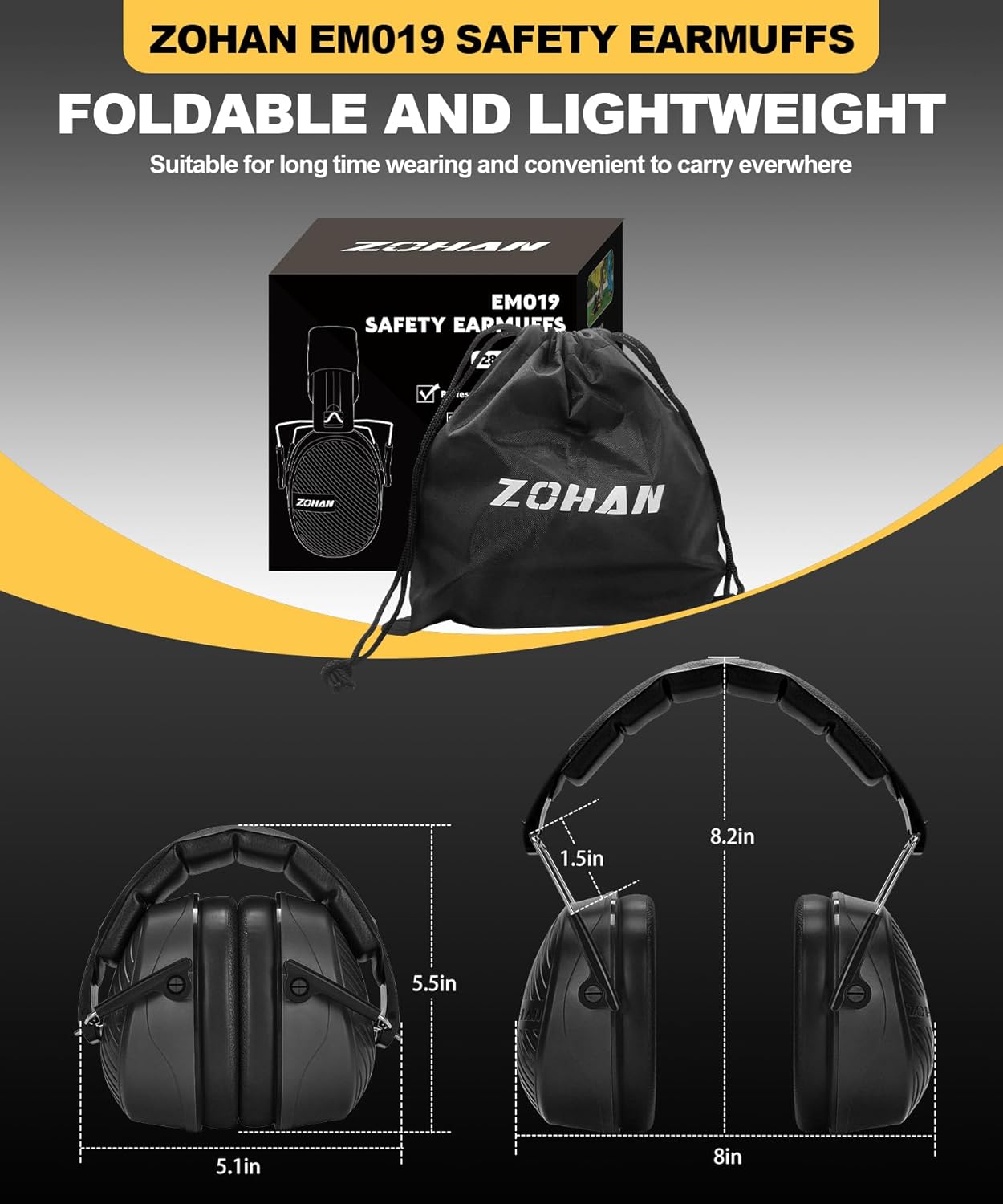ZOHAN 019 Noise Cancelling Headphones for Adult - NRR 28dB Hearing Protection for Working, Shooting, Mowing, Autism