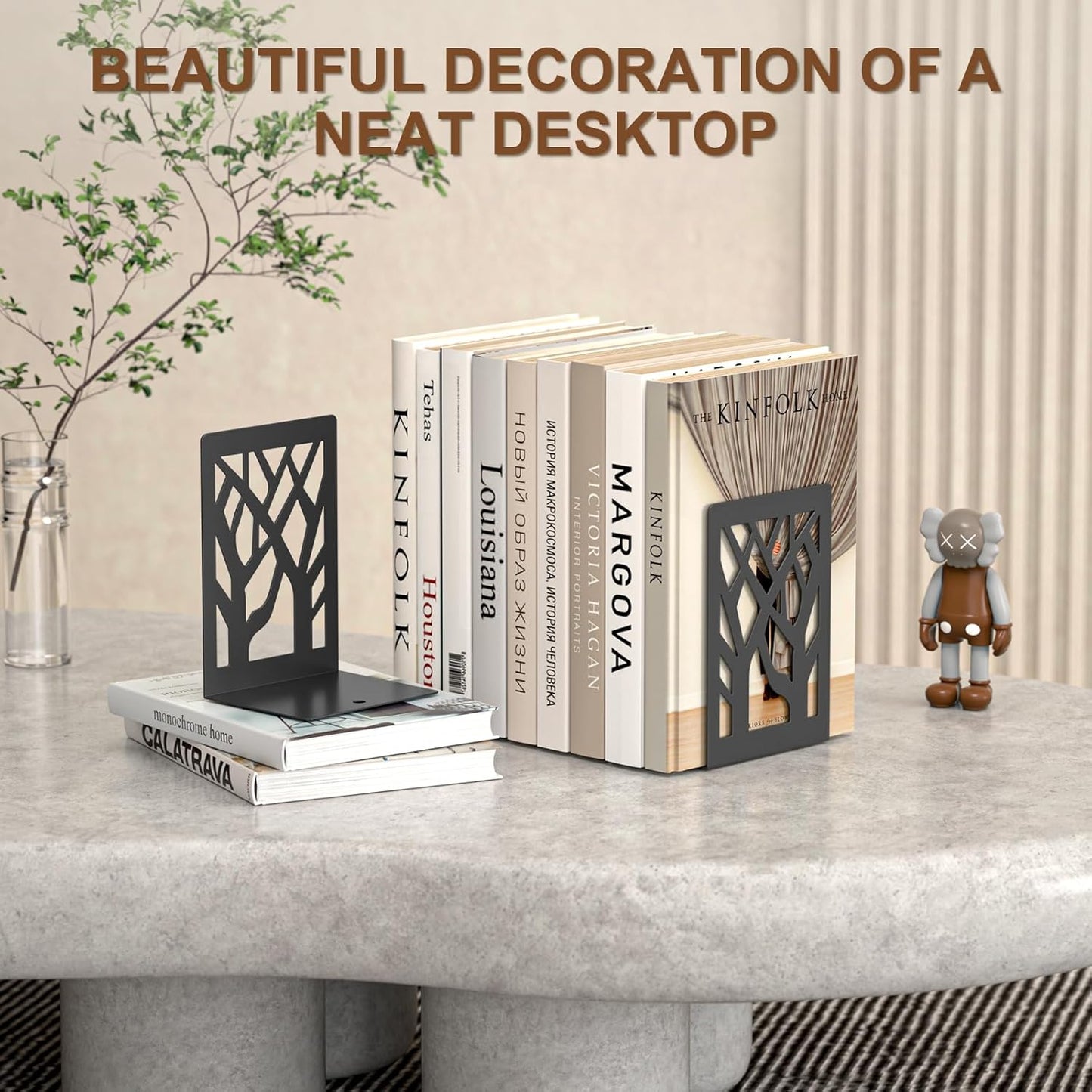 VFINE 4-Piece Modern Metal Bookends for Shelves, Black Tree Book Ends for Books, Decorative Book Organizer for Desk, Non-Skid Shelve Bookends for Home Office