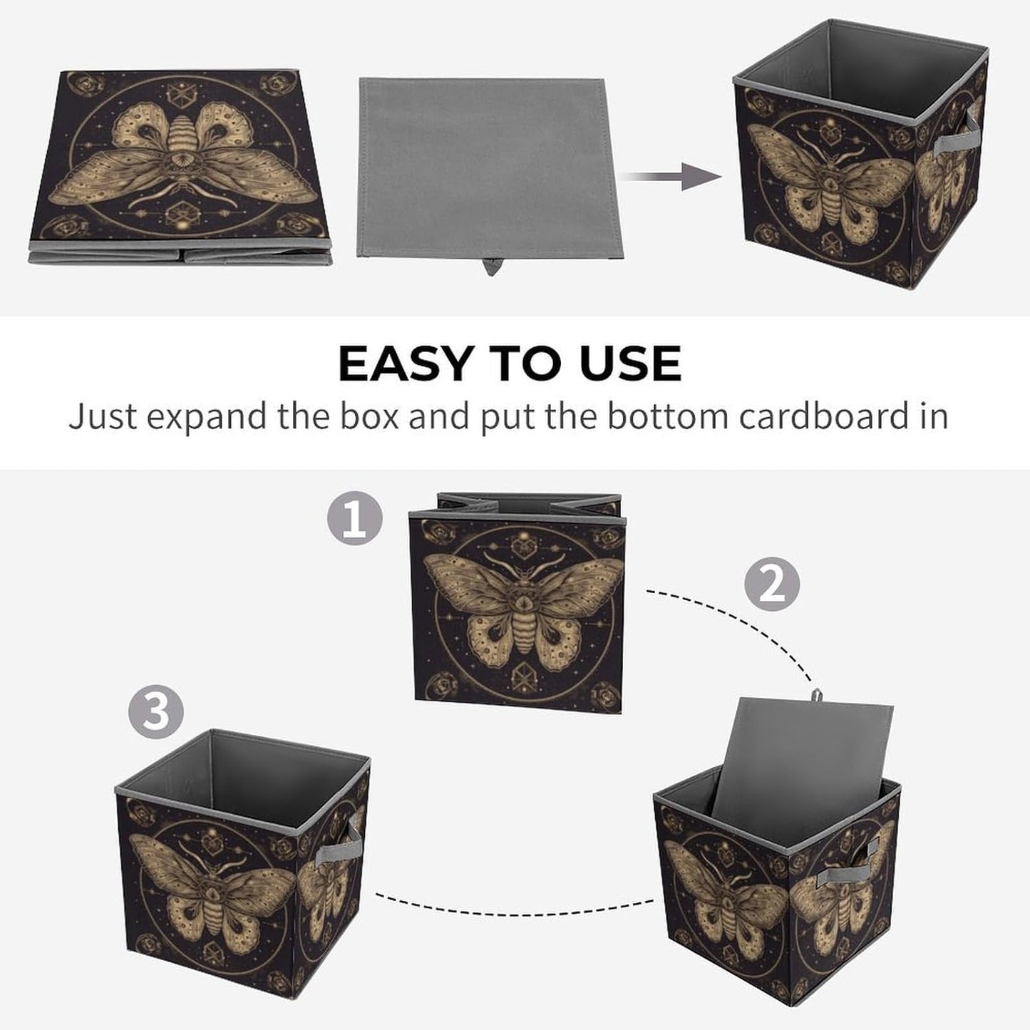 Moth Storage Bins with Handles Fashion Large Storage Cubes Sturdy Foldable Storage Boxes Space-Saving Storage Baskets for Home Office Clothes Closet Organizers