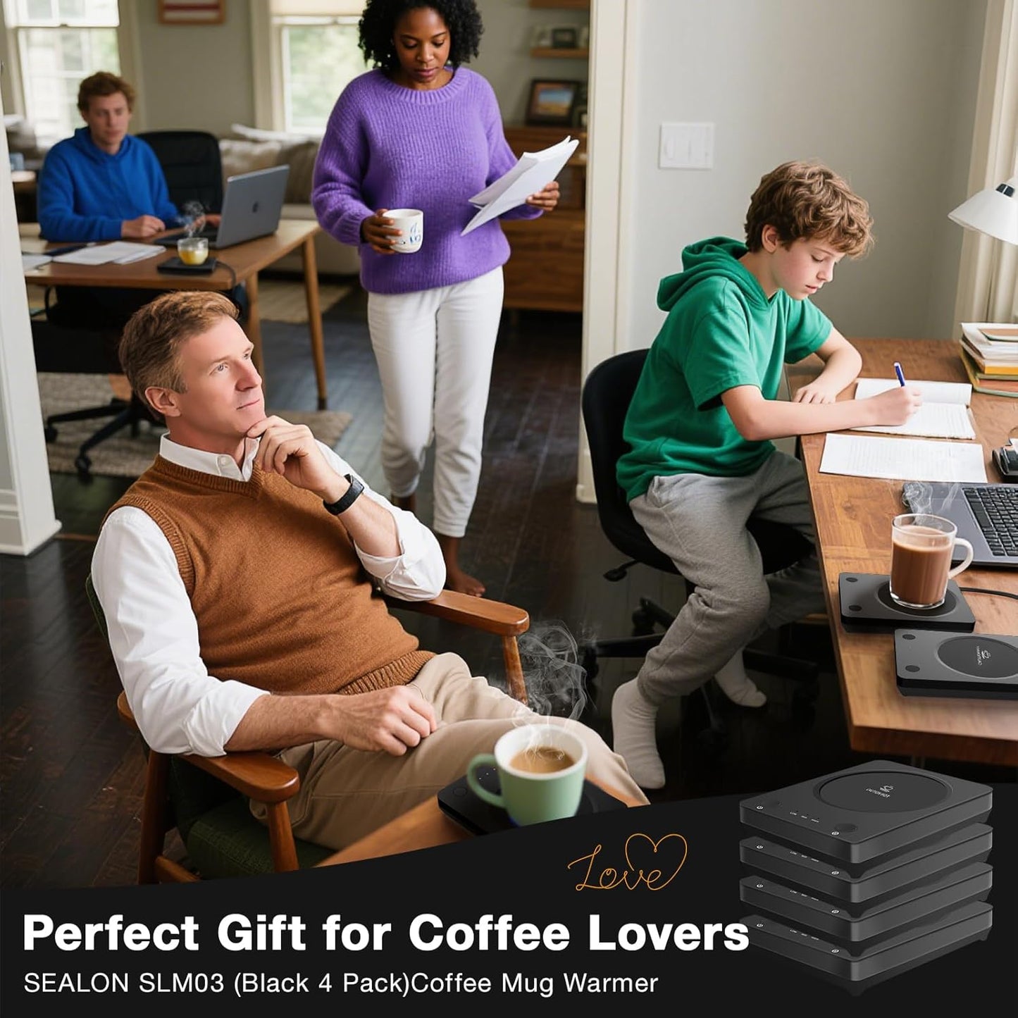 SEALON SLM03 Electric Coffee Mug Warmer (Black, 4 Pack) - 3-Temperature Desk Cup Warmer with Auto Shut-Off (4 Hours) for Heating Coffee, Tea, Milk & Beverages