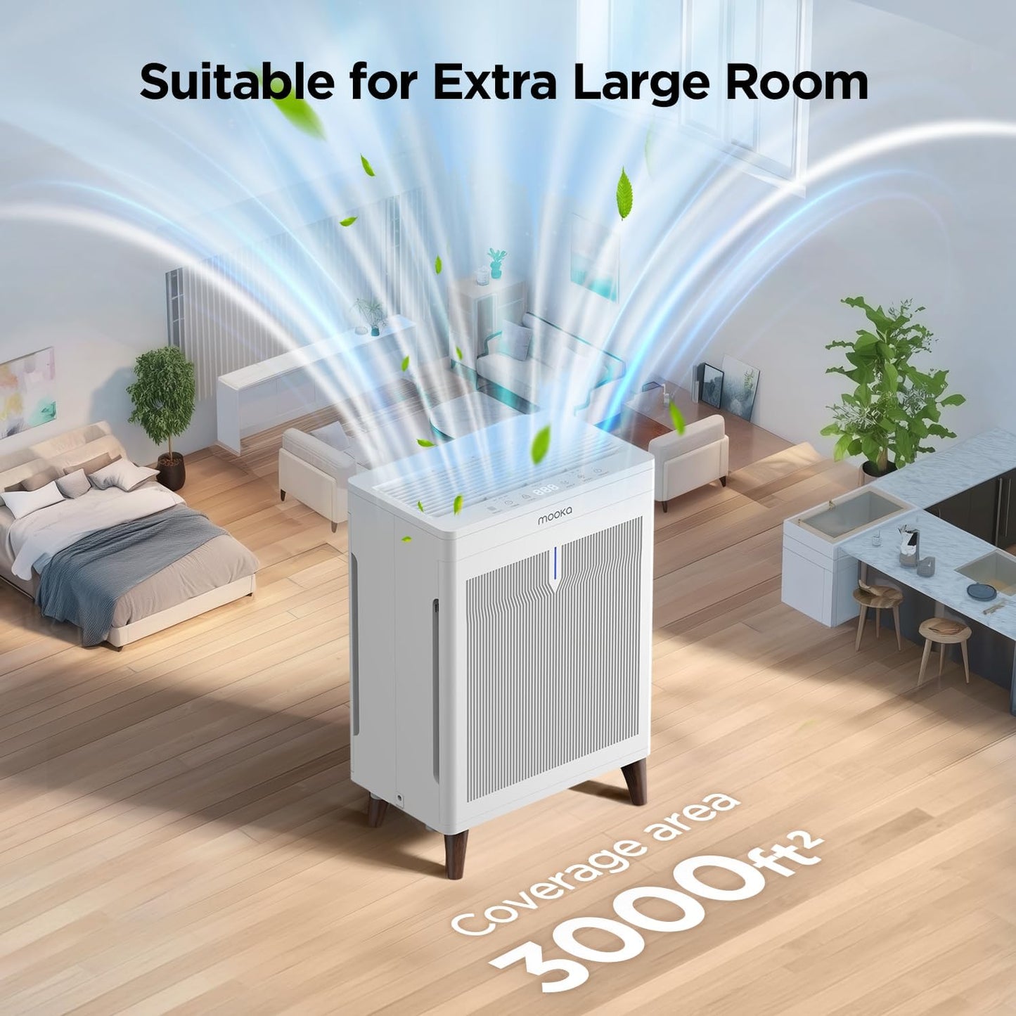 MOOKA Air Purifiers for Home Bedroom Large Room 3000 Ft², Double-Sided HEPA Air Cleaner with Washable Pre-Filter, PM2.5 Air Quality Monitor, Auto Mode, 20dB Air Filter for Pets Hair Odor Dust, HKB320F