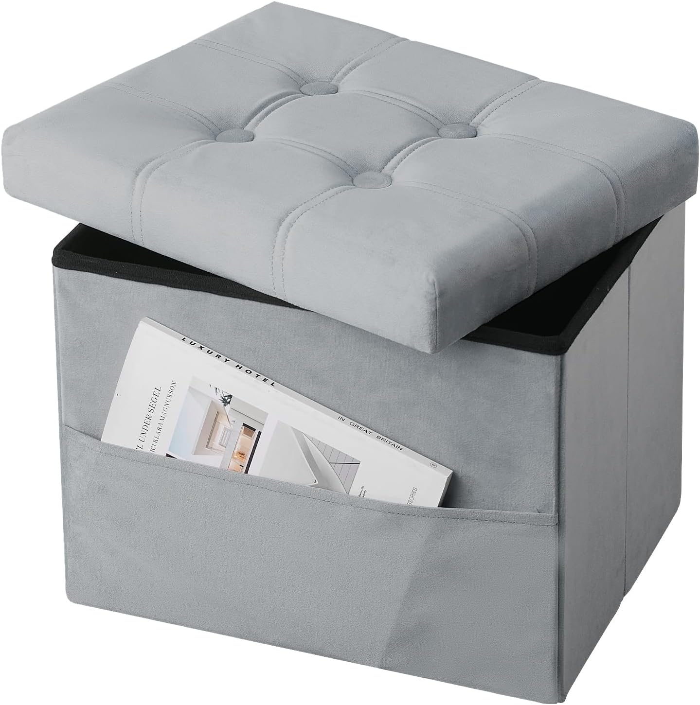 Storage Ottoman Foot Stool, 17 inches Folding Ottoman with Storages, Velvet Storage Bench with Side Pocket, Foot Rest for Living Room, Bedroom (Grey)