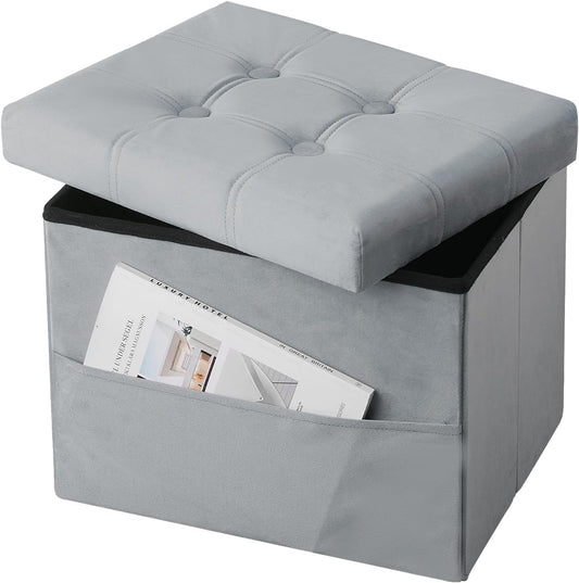 Storage Ottoman Foot Stool, 17 inches Folding Ottoman with Storages, Velvet Storage Bench with Side Pocket, Foot Rest for Living Room, Bedroom (Grey)