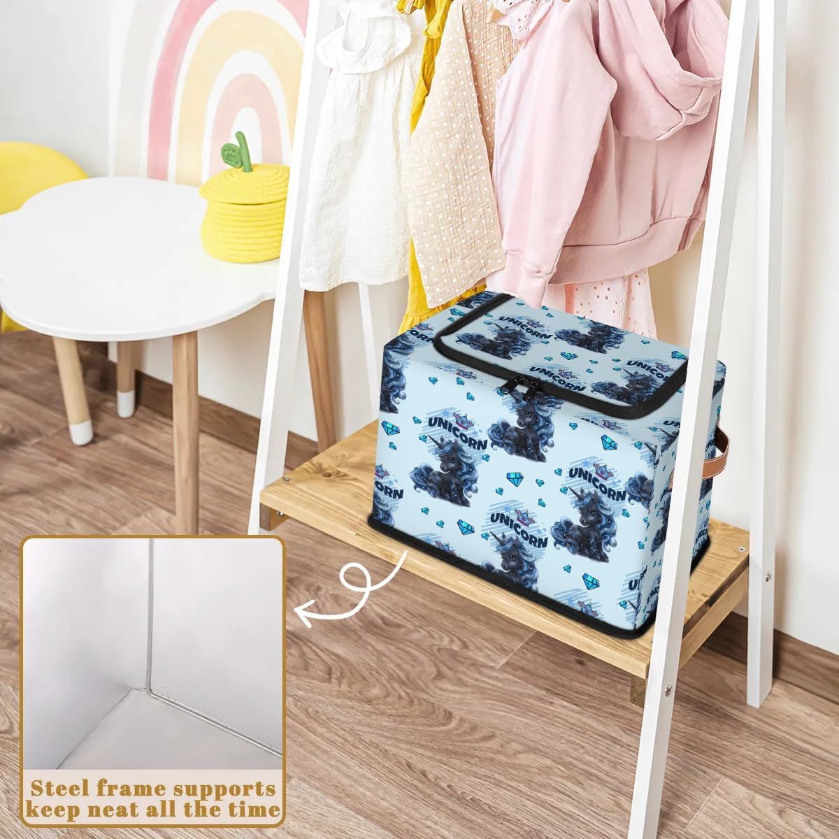Unicorns Storage Bins with Lids, Collapsible Cube Storage Basket with Leather Handle, Foldable Fabric Storage Box with Lids for Organizing Home Bedroom Closet Office