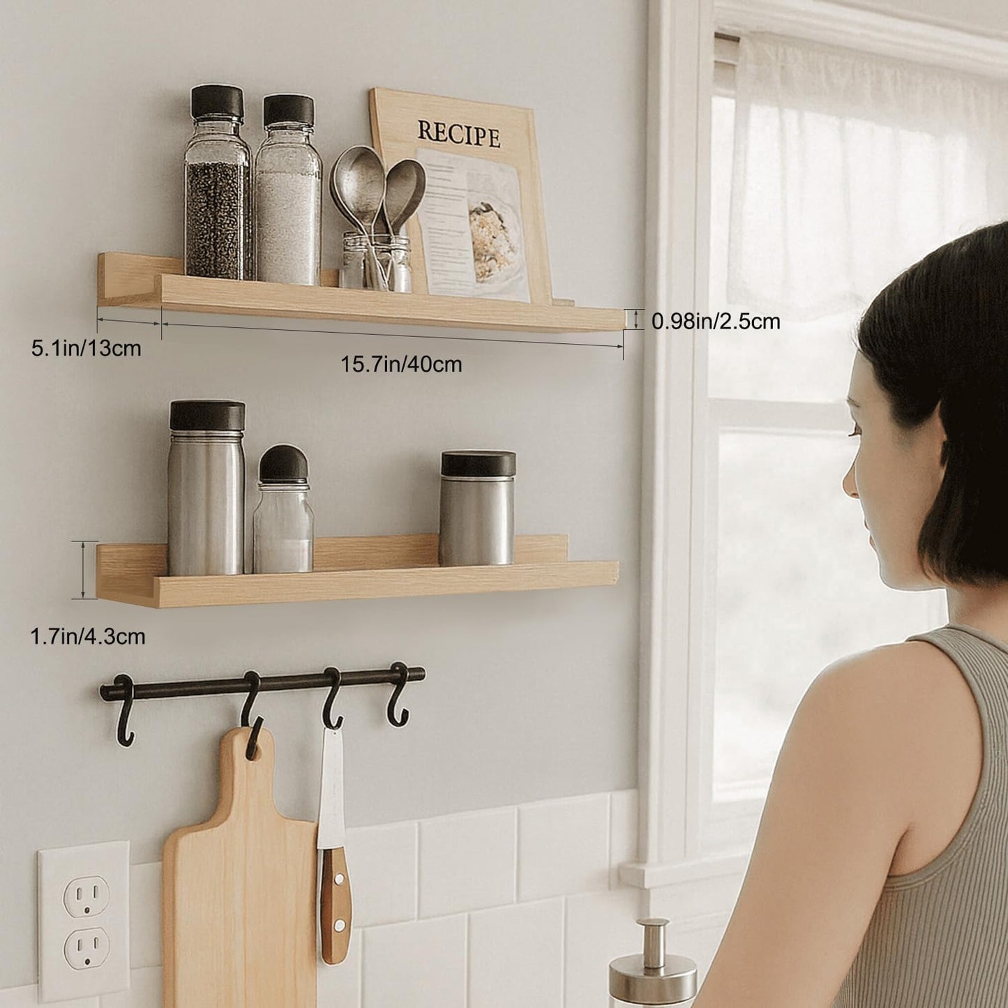 16inch Floating Picture Ledge Shelves 2-Pack, Oak Wall Mounted Shelves with Lip for Nursery, Kids Room, Living Room & Bedroom, Sturdy Floating Book Shelves for Photo Frames & Decor
