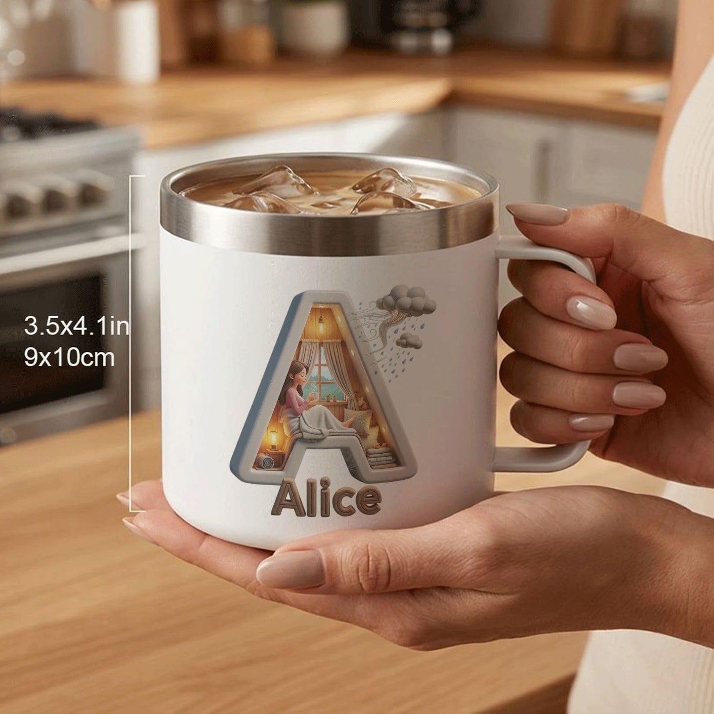 Personalized Insulated Coffee Mug with Lid and Handle, 14oz Stainless Steel Tumbler Cup with Custom Name Alice and Initial A, Cozy Reading Design Gift for Women, Book Lovers